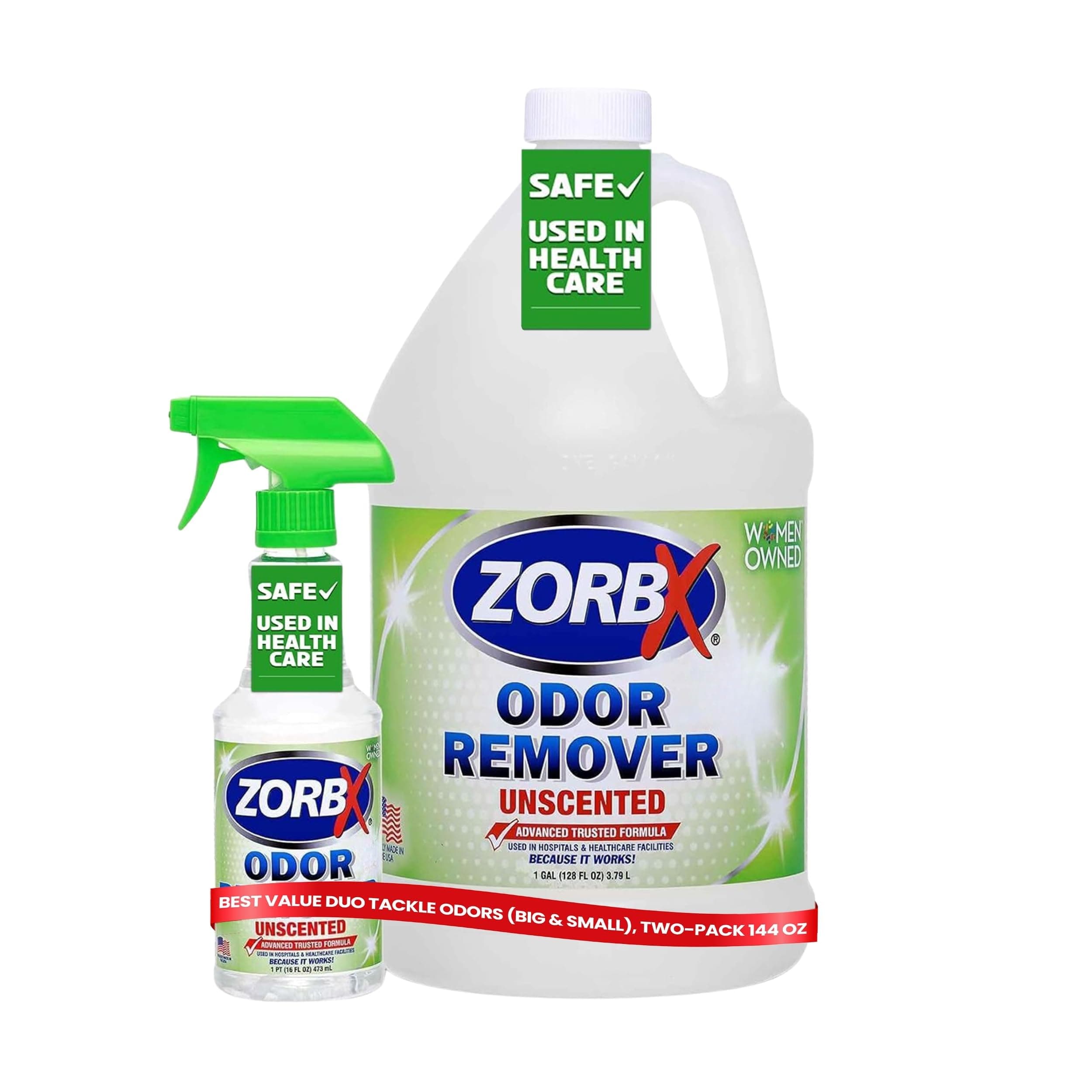 ZORBX Unscented Odor Eliminator for Strong Odor 16 Oz + 128 Oz - Used in Hospitals & Healthcare Facilities - Advanced Trusted Formula, Fast-Acting Odor Remover Spray for Dog, Cat, House & Carpet
