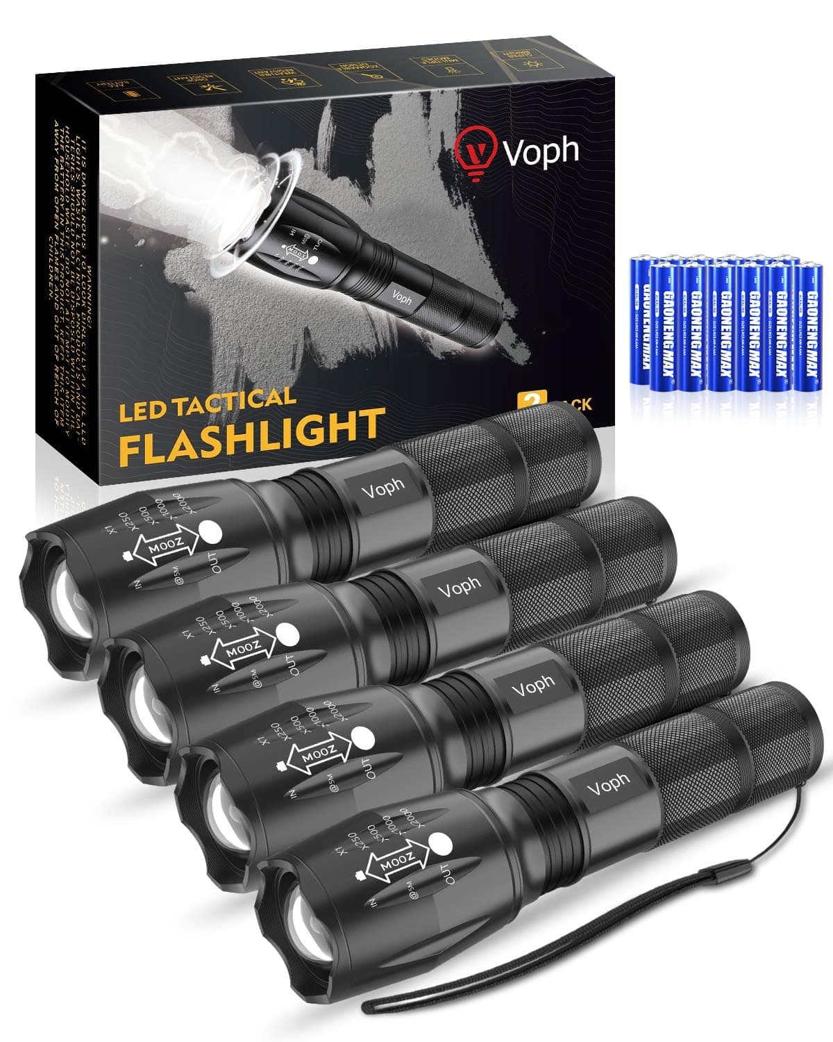 Voph Flashlight 4 Pack, 5 Modes High Lumen Tactical LED Flash Light, High Lumens Bright Waterproof Flashlights, Focus Zoomable Flash Lights for Camping, Gifts for Birthday for Men Women Adult