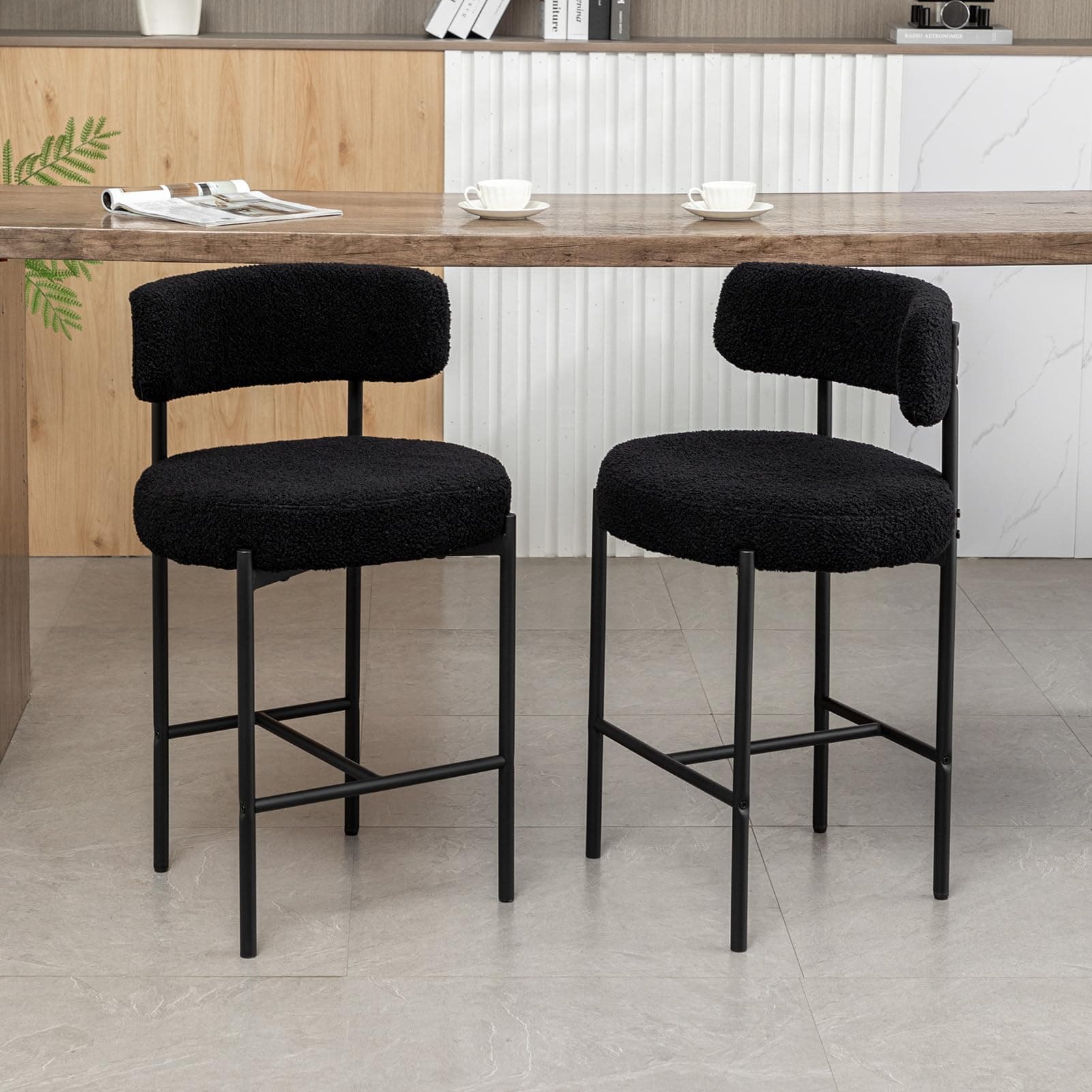 Reyxzoe Counter Height Bar Stools Set of 2, Modern Barstools with Curved Back, Black Boucle Counter Stools for Kitchen Island, Dining Room, Cafe, Pub