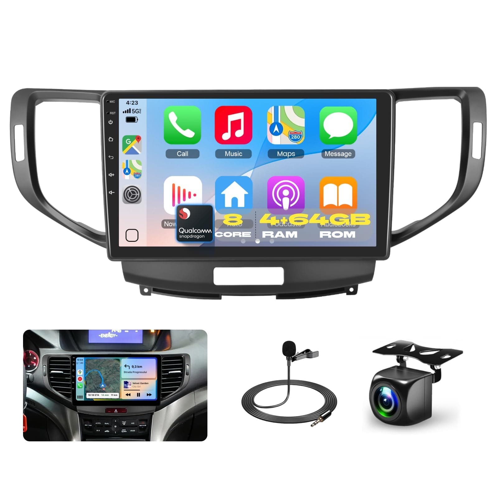 Qualcomm 8-core 4G+64G Car Stereo for Honda Accord 2008-2012/Spirior 2009-2013/Acura TSX 2008-2012 9” 1280P QLED Touchscreen, Android Car Radio Carplay Android Auto BT5.1/DSP/Hi-Res/WiFi/SWC/OTA