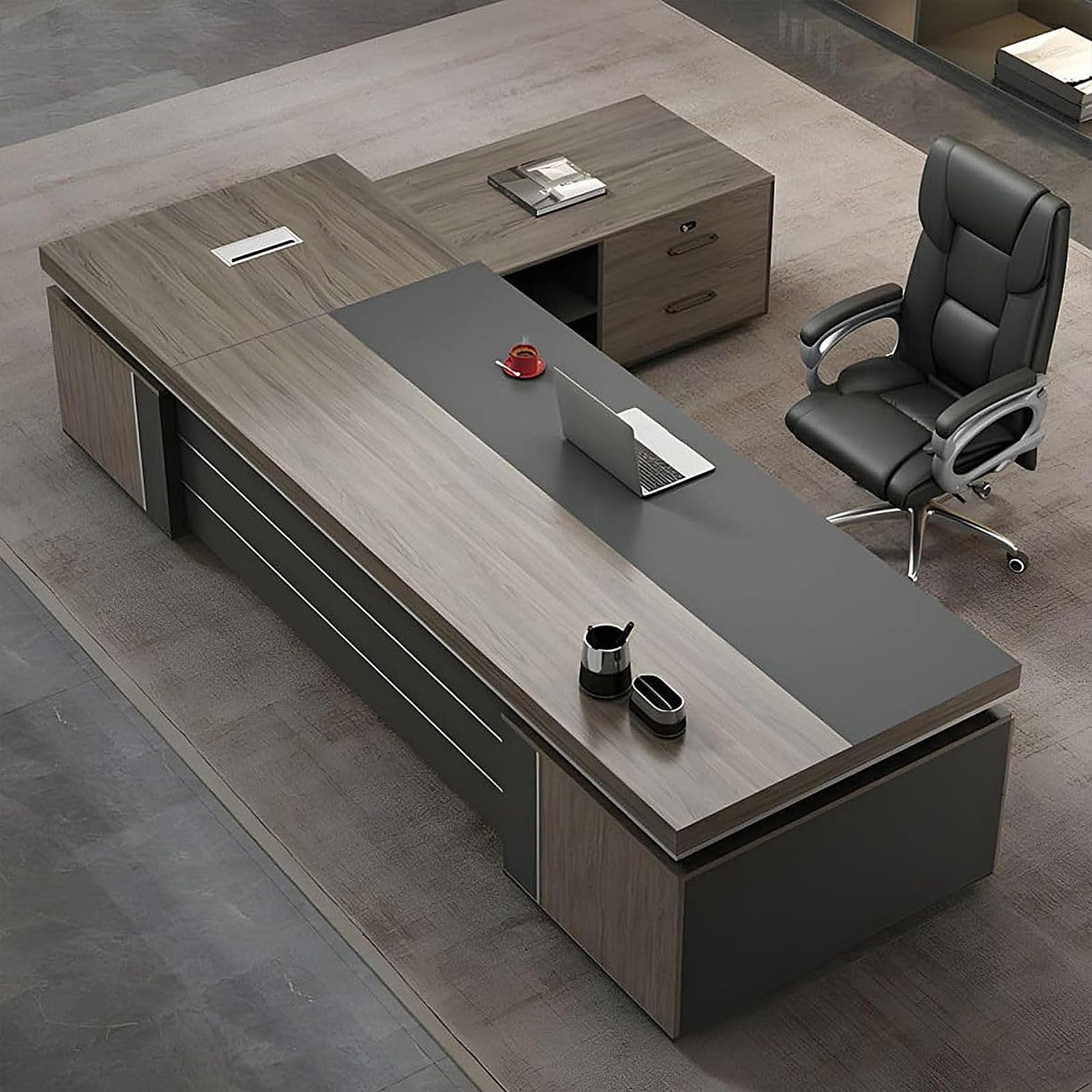 L-Shape Modern Executive Desk, Office Desk with Drawers and Storage, Manufactured Wood Computer Without Chair (Right Cabinet, 95" L / 240cm)