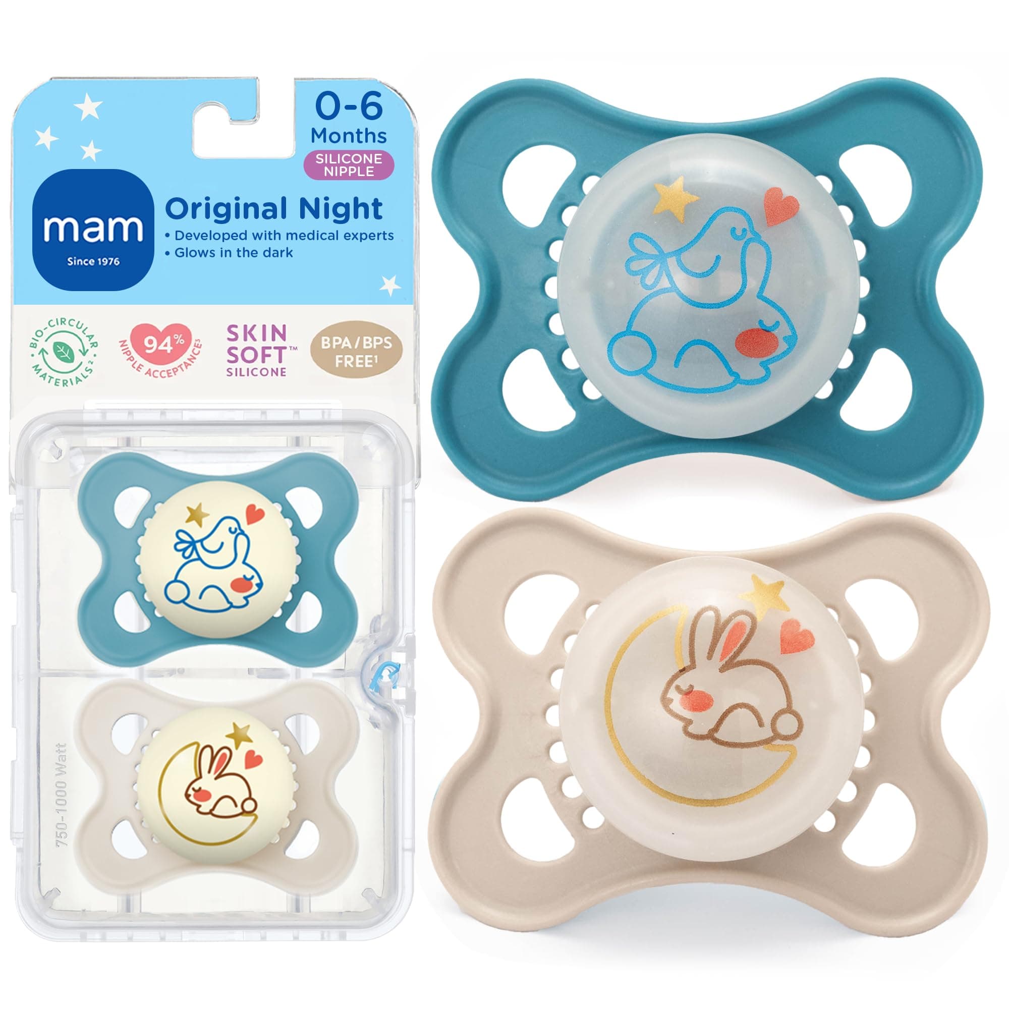 MAM Original Baby Pacifiers 0-6 Months, Binky for Newborn Babies, BPA-Free Skin Soft Silicone Nipple, Glows in The Dark, Developed with Medical Experts, 2 Count, Sterilizer Case, Made in Europe