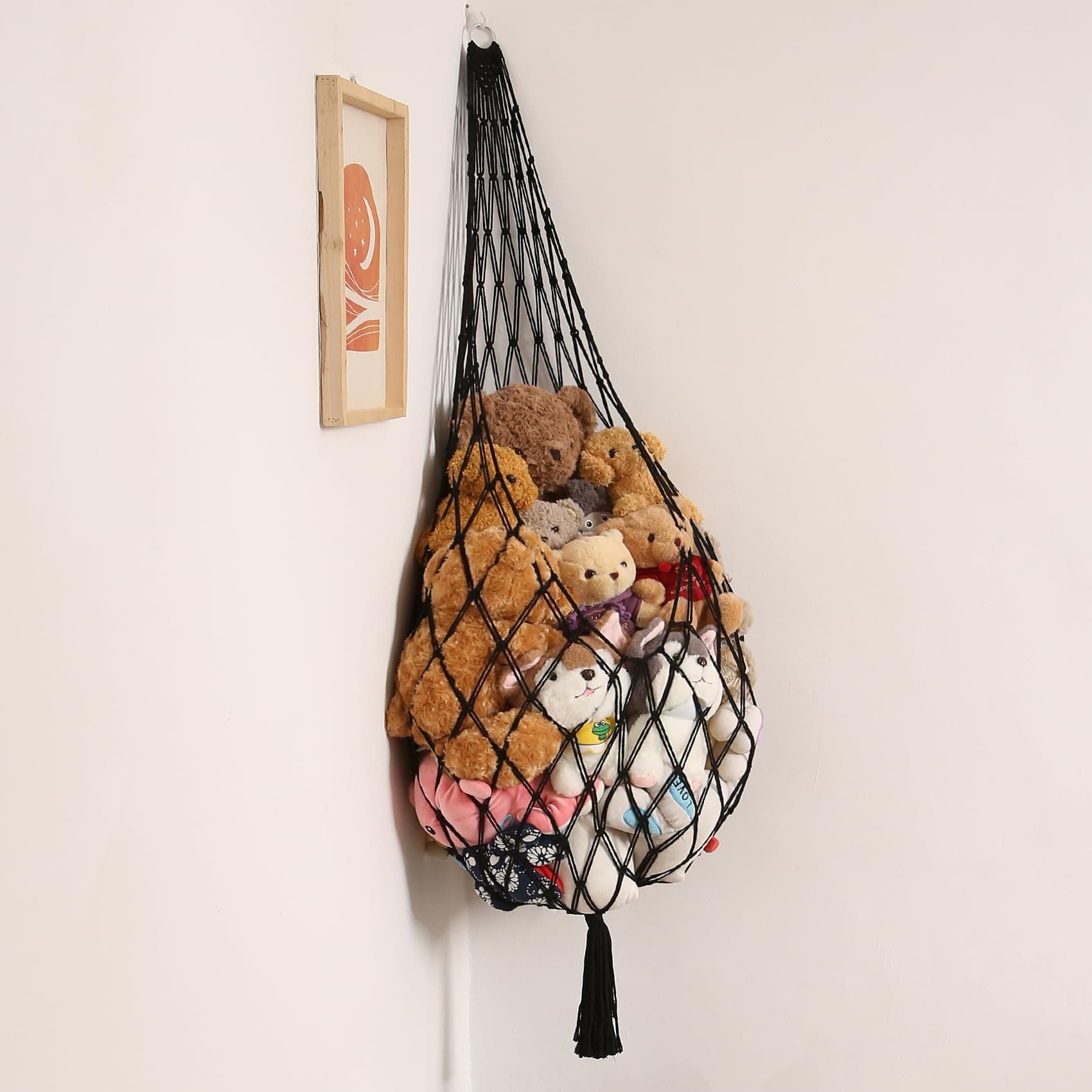Amdermi Stuffed Animal Hammock Corner Hanging Net for Stuffy Animal Storage Macrame Toy Display Plushie Toy Holder-Perfect for The Tiny Space Walls, Kid Bedroom Decor Playroom Organizer (Black)
