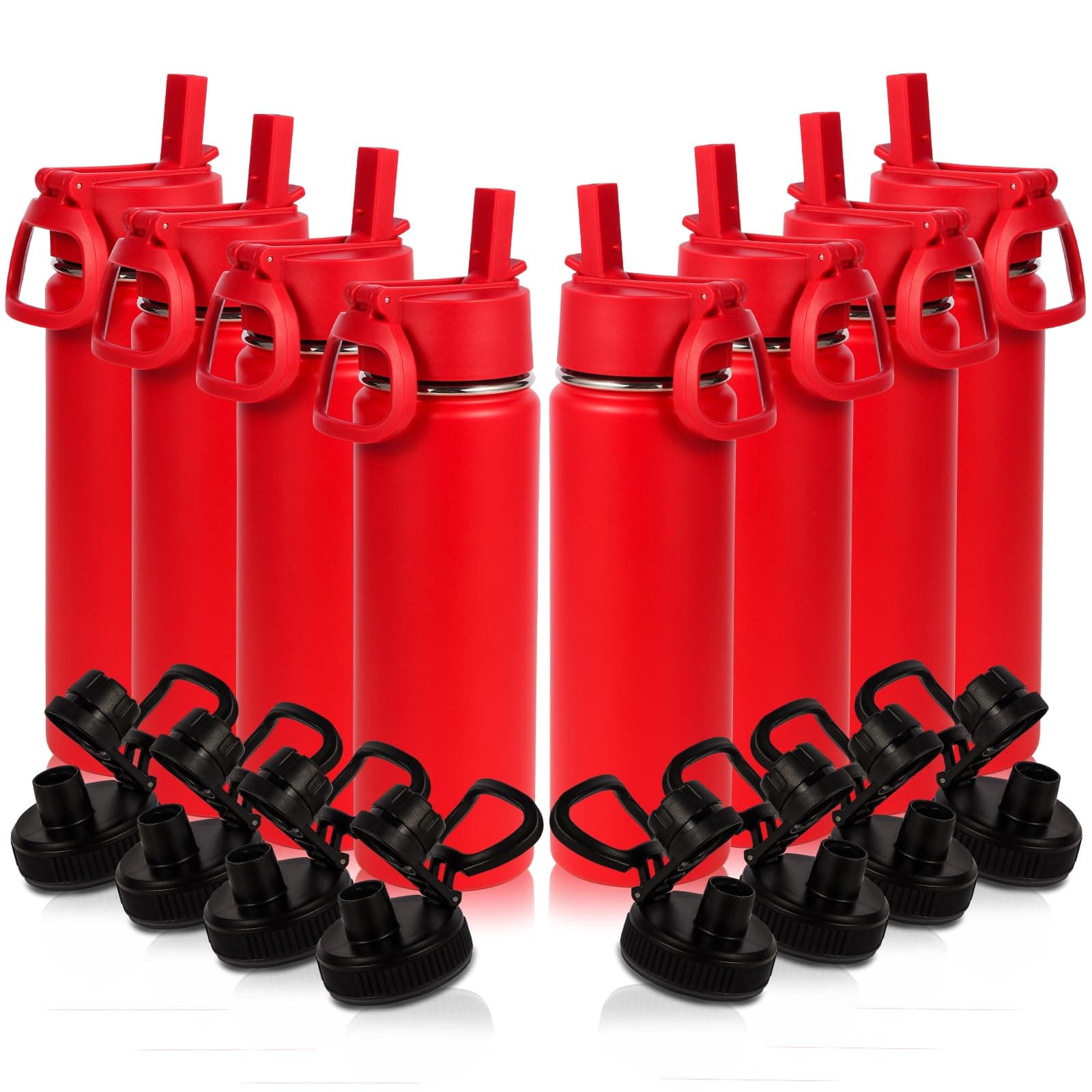 Volhoply 20oz Insulated Stainless Steel Water Bottle with Straw Lid Bulk 8 Pack,Kids Double Wall Vacuum Cups with Handle,Reusable Outdoor Camping Sports Metal Bottles,Travel Flask Keep Cold(Red,8)