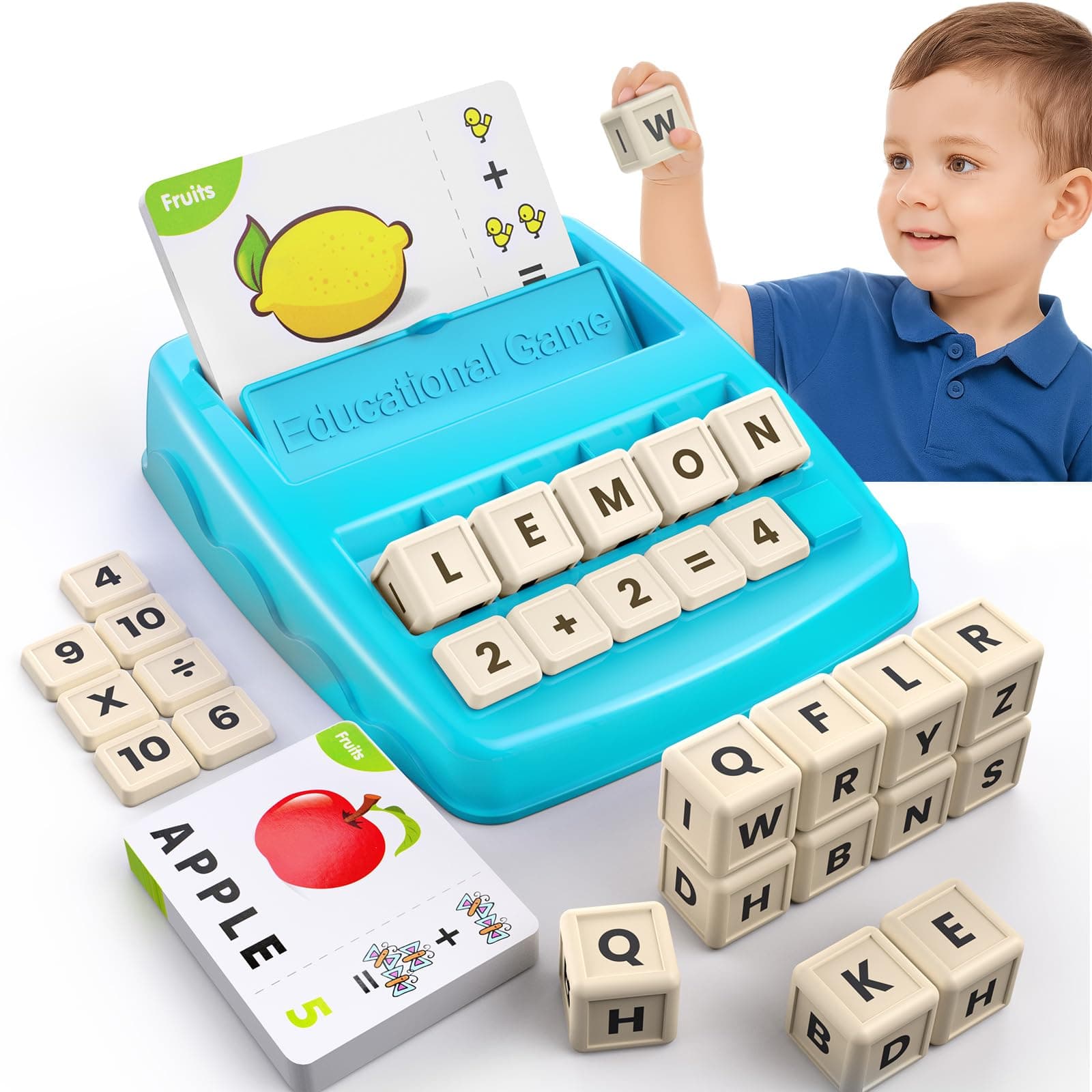 Educational Toys for Kids Ages 3-7,Learning Games for Kids 3-8, Matching Letter Spelling Math Game, Prescool Birthday Party Gifts for 3 4 5 6 7 Year Olds Boys Girls Light Blue