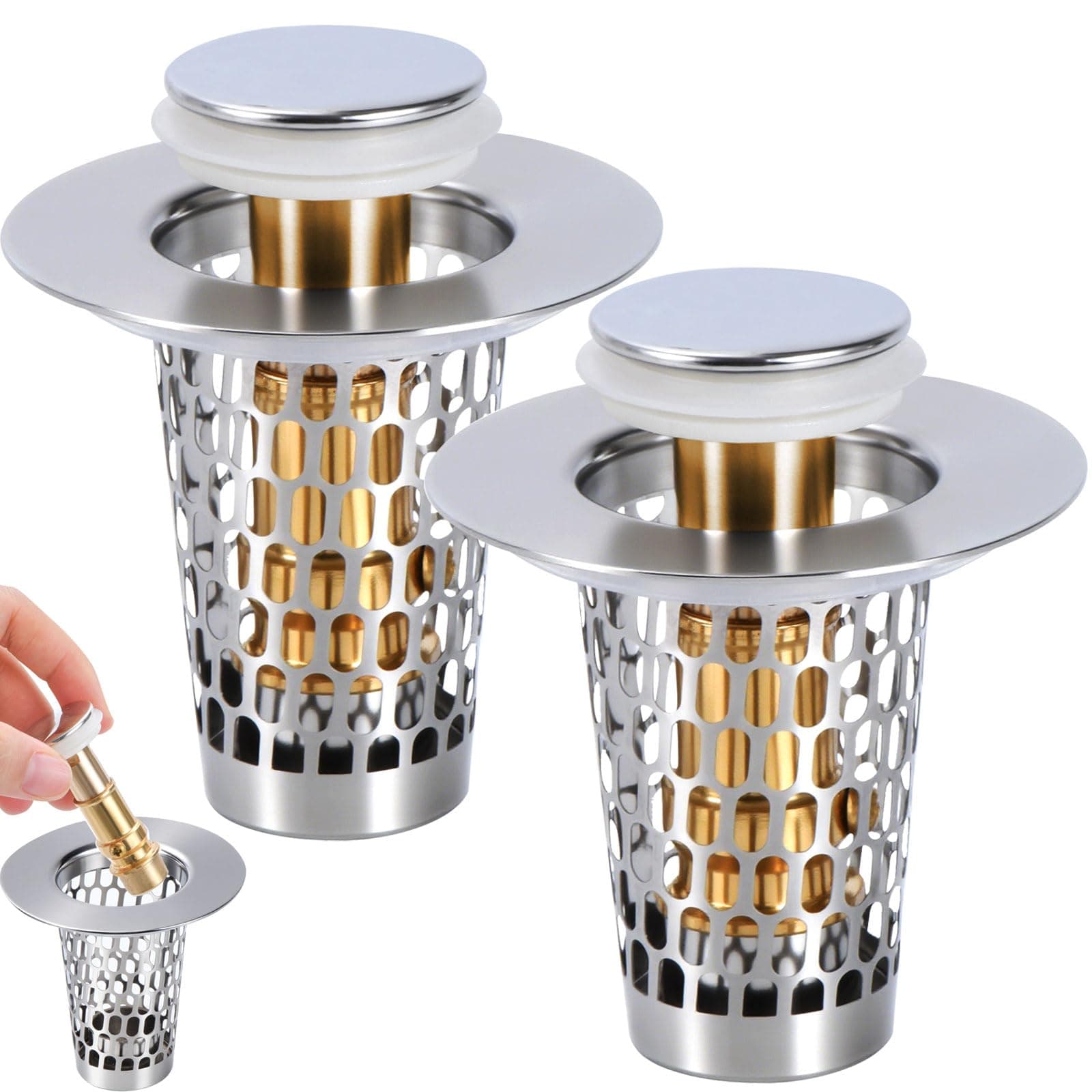 Giramika 3Pcs 3-in-1 Bathroom Sink Stopper Hair Catcher for 1.15-1.6 in, Universal Stainless Steel Drain Strainer, Pop-Up Bathroom Sink Stopper with Basket