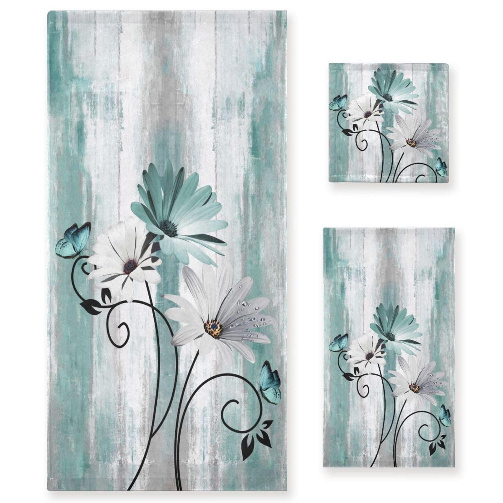 AIYOOLER Teal White Floral Bath Towels Set,3 Piece Soft Farm Daisy Butterfly Towel Set,1 Bath Towel 1 Hand Towel 1 Washcloth,Absorbent Decorative Guest Bathroom Towels for Kitchen Shower Spa Face
