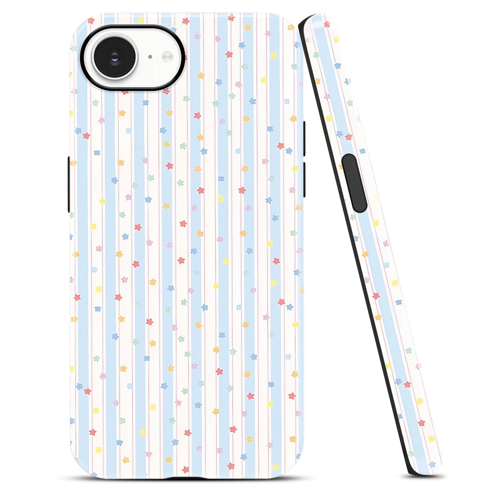 Cute Striped Phone Case for iPhone 16e/iPhone 17e 6,1", Trendy Blue White Vertical Star Stripes Aesthetic Design for Women Girls Men Boy, 2-in-1 TPU PC Shockproof Hybrid 2 Layer Protective Cover,Blue