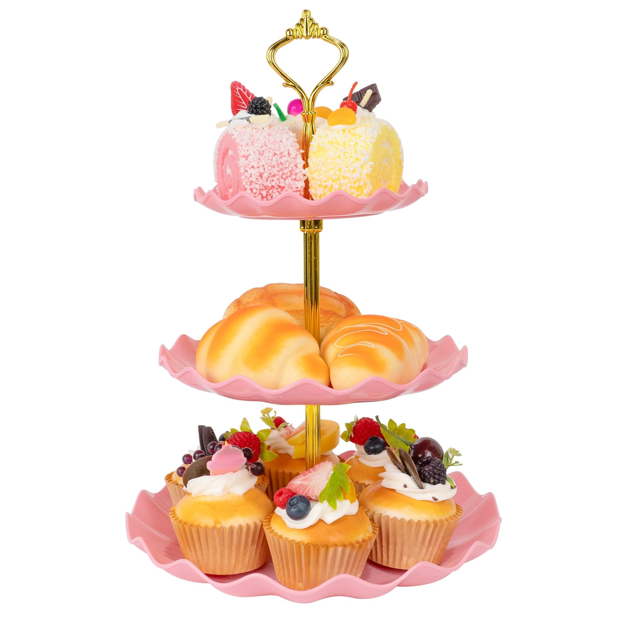 Plastic Tiered Serving Tray, 3 Tier Cake Stand Cupcake Holder with Metal Rod, Cake Stand Round Display for Cakes Fruit Cookie Candy, Reusable Dessert Tower Tray for Birthday Wedding Party (Pink)