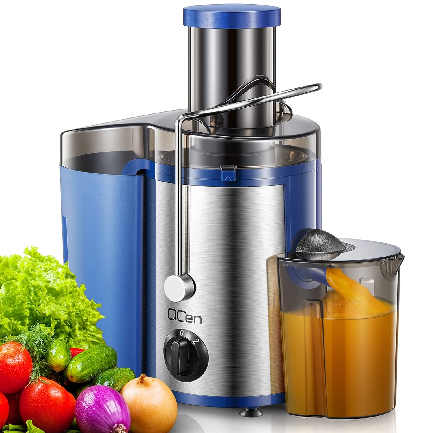 QCen Juicer Machine 500W Centrifugal Juicer with Extra Wide Feed Chute