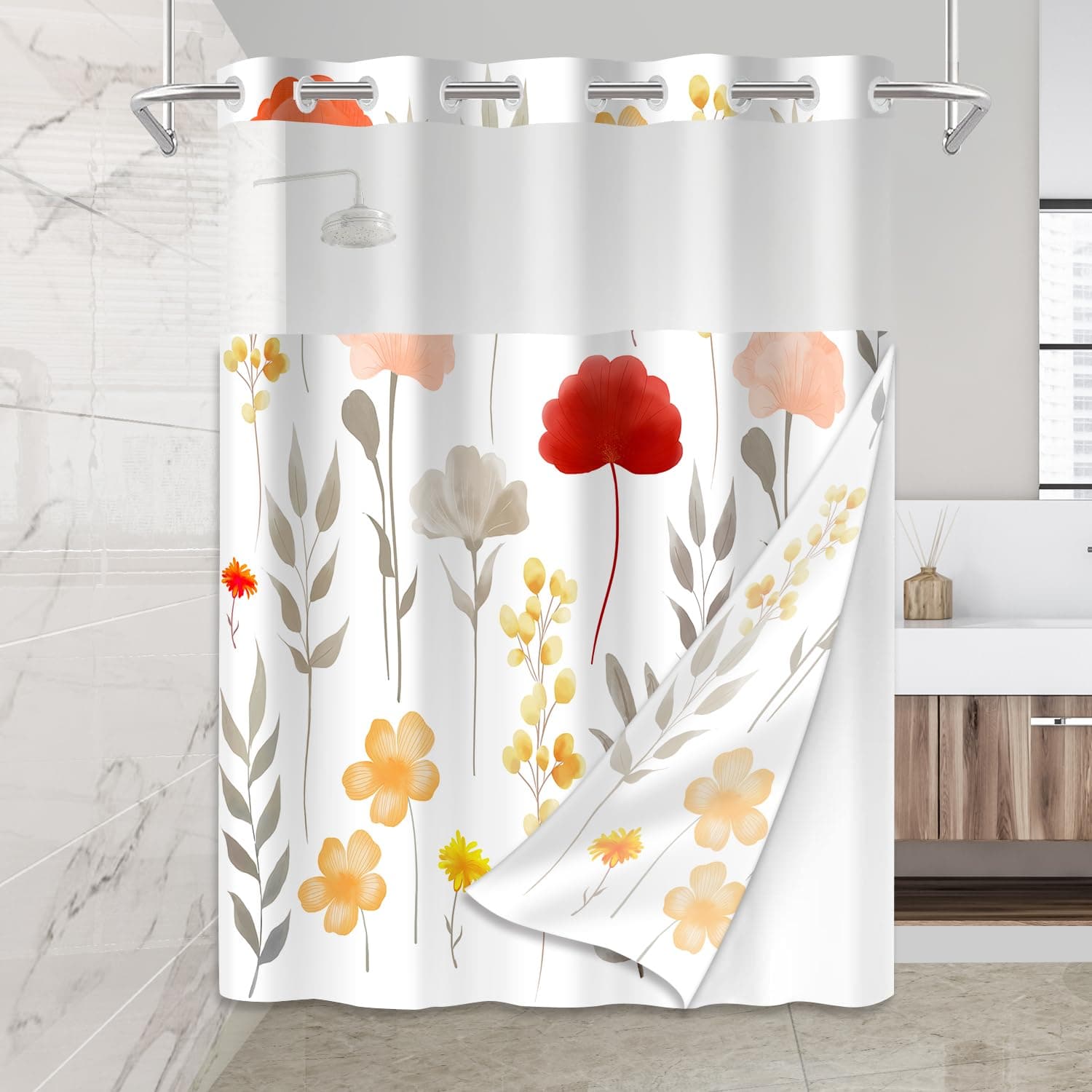 Mightree No Hook Shower Curtain Set with Snap in Fabric Liner for Bathroom,with See Through Top Window,Double Shower Curtain with Detachable Liner Replacement,Machine Washable,White Floral,71"x 74"