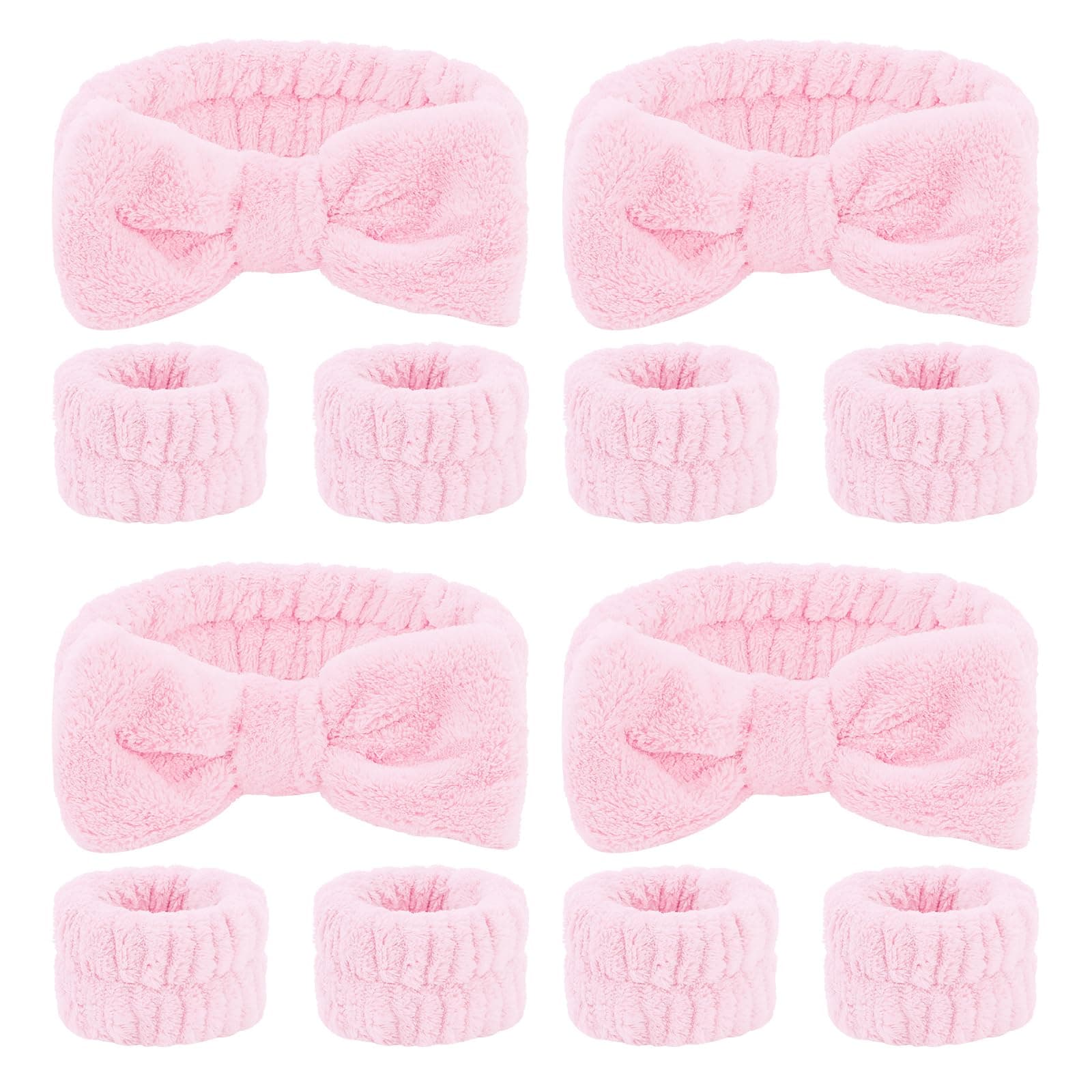 CIEHER 12 PCS Pink Makeup Headband for Women Wrist Washband Scrunchies Cuffs for Washing Face, Soft Bow Hair Band Matching Wristbands, Spa Headband Coral Fleece