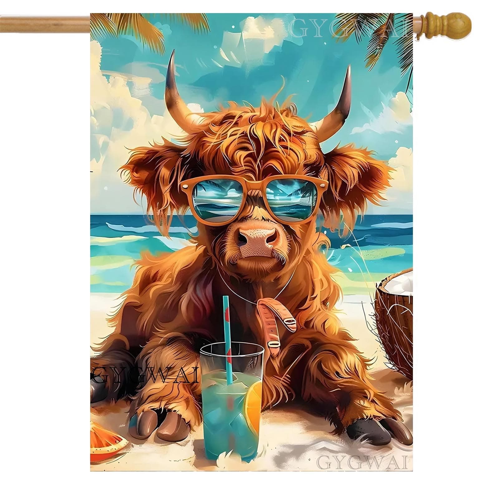 Summer Highland Cow House Flag 28x40 Inch Double Sided, Funny Cow with Sunglasses Beach Drink Burlap Yard Flag for Outdoor Farmhouse Summer Decor