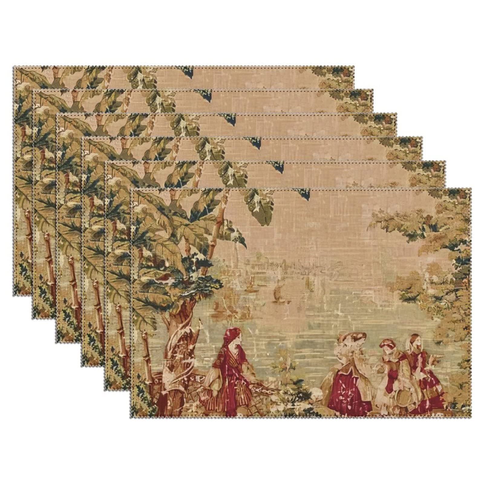 WengBeauty Canvas Bosporus Vintage Toile Placemats, Table Mats, Antique Red Cloth Place Mats, Euro, Sham, Washable Placemat, Textured for Kitchen Dining Table Mats Set of 6, 12"x18"