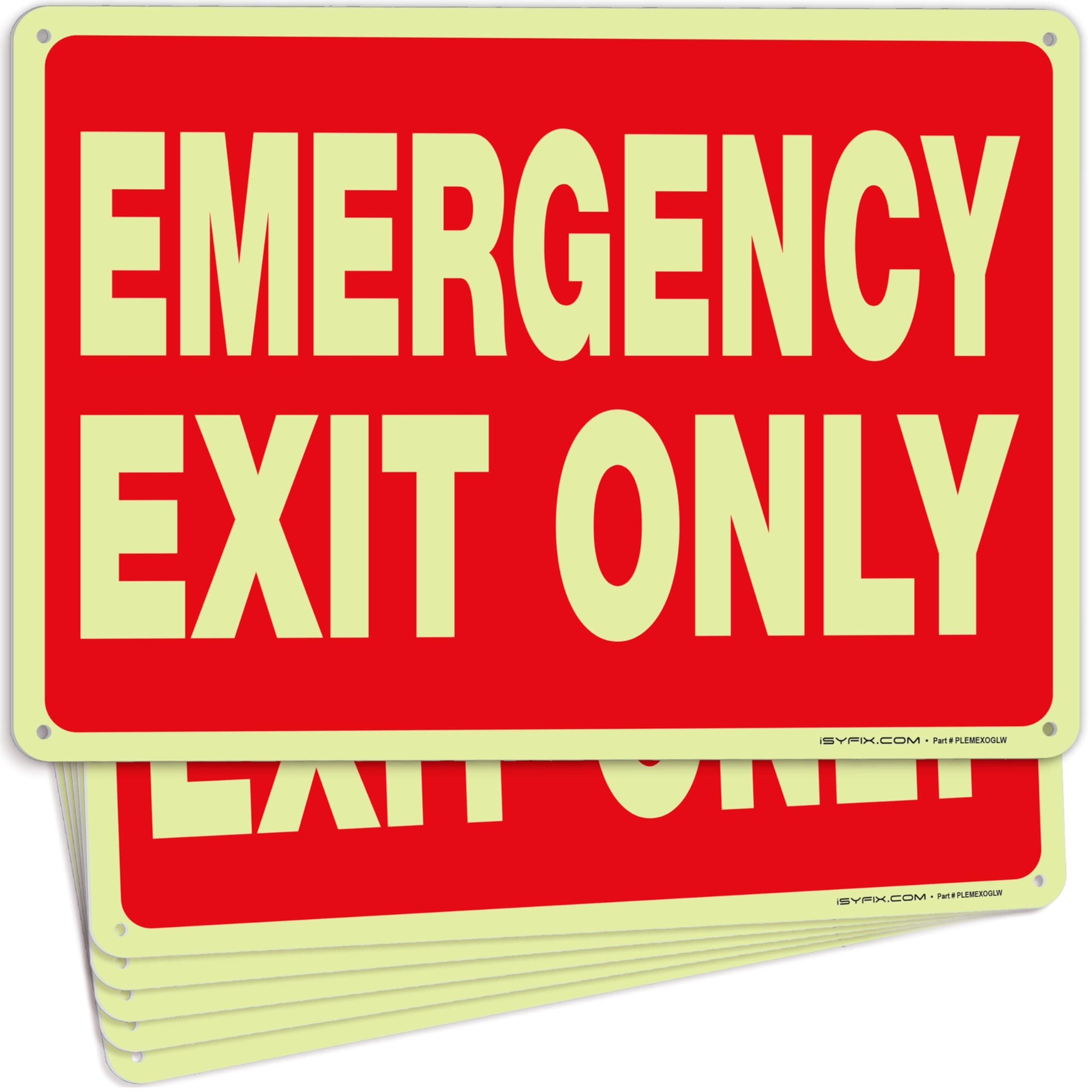 iSYFIX Emergency Exit Only Glow in the Dark Sign – 6 Pack 10x7 Inch – 40 mil Thick Polystyrene Plastic Sign, Laminated UV, Scratch & Fade Resistance, Waterproof, Indoor & Outdoor