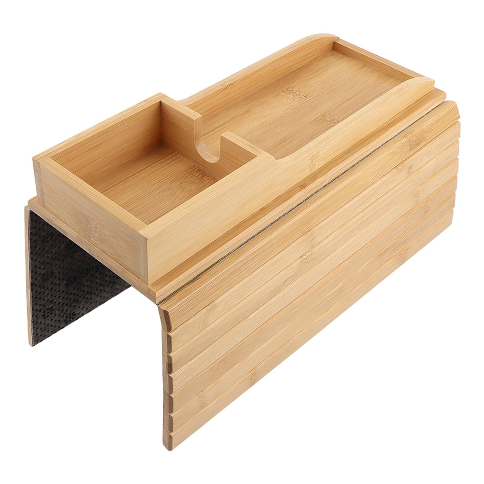 Kakalote Bamboo Foldable Sofa Arm Tray Table with 2 Compartments, Anti-Slip Couch Cup Holder for Snacks, Phone, Control, Cups (Wodden, 16.3 x 13.4 x 1.6 inches)
