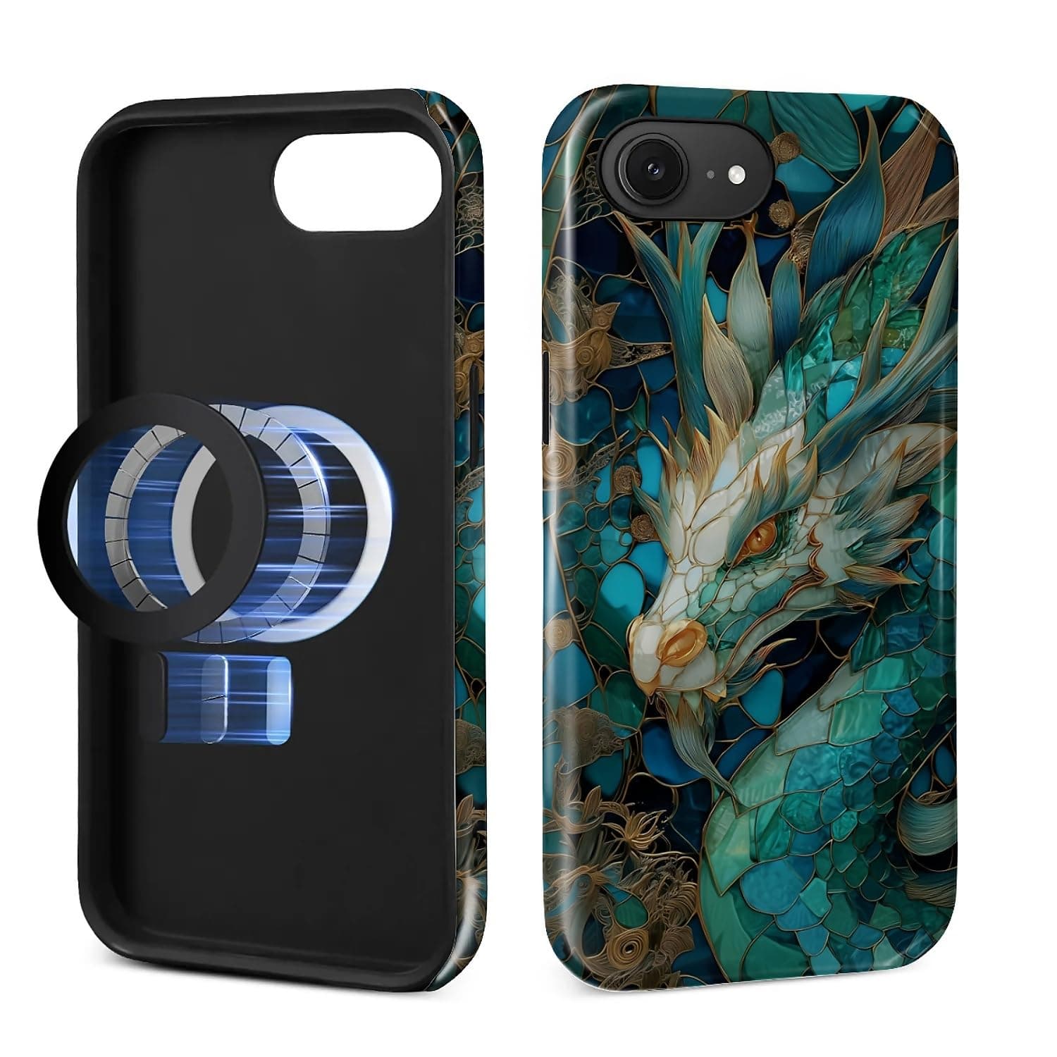 MQJCYB Magnetic Case for iPhone 16e Design,Compatible with MagSafe,Slim Protective Soft TPU Bumper Phone Cover Women Girls Case for iPhone 16e-Blue Gold Dragon Stained Glass