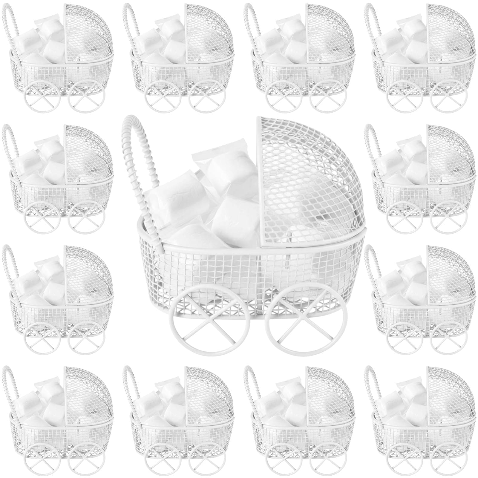Threehoney 12 Pcs Baby Shower Mini Strollers Decoration Metal Wired Fillable Candy Stroller Carriage Baby Shower Table Centerpieces for Guests Gender Reveal Wedding Party Favor Gift Souvenirs(White)