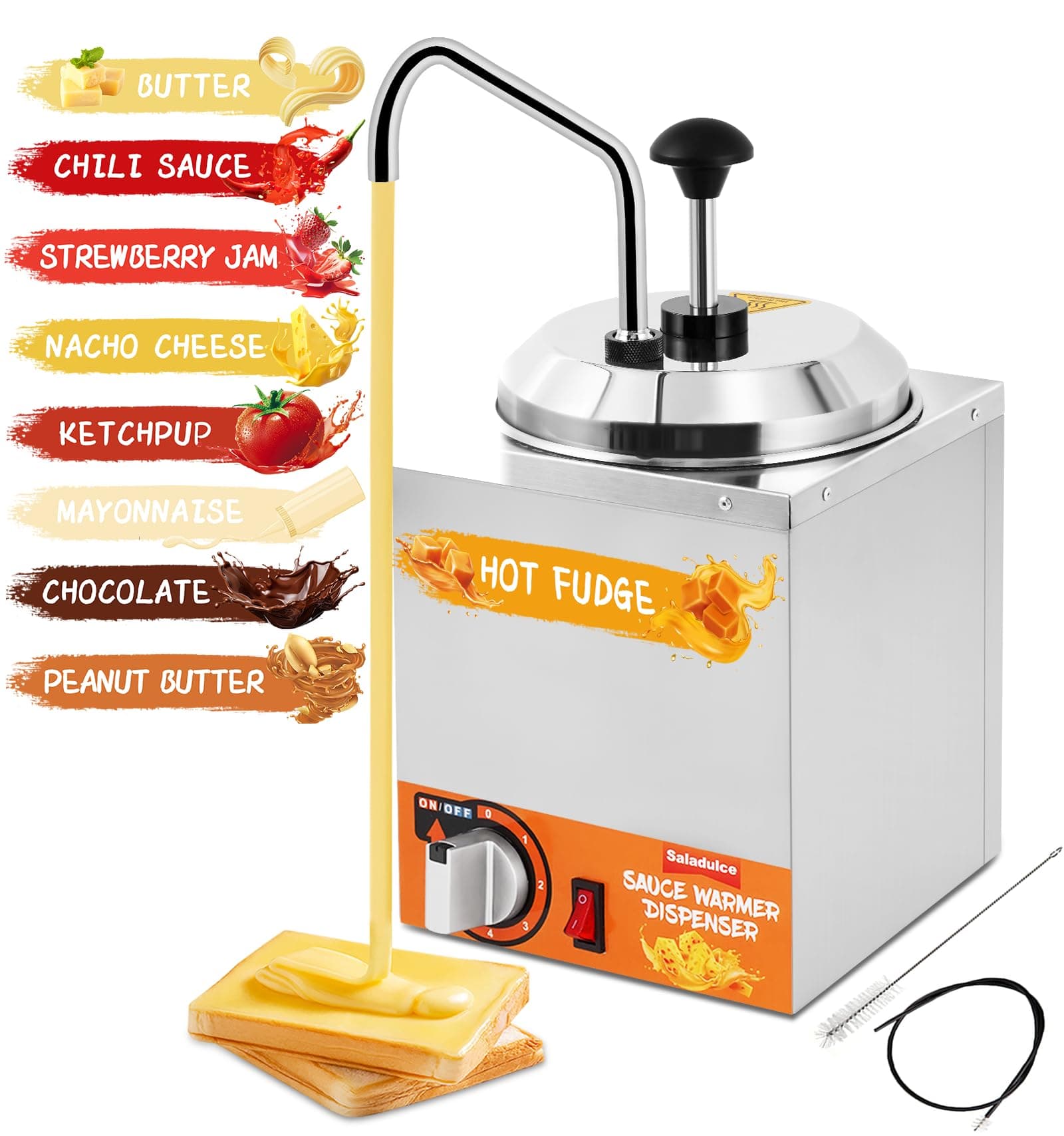 Nacho Cheese Dispenser with Stainless Steel Pump, 2.6 Quart Nacho Cheese Sauce Dispenser Hot Sugar Dispenser 100-200℉, Insulated Pump Dispenser for