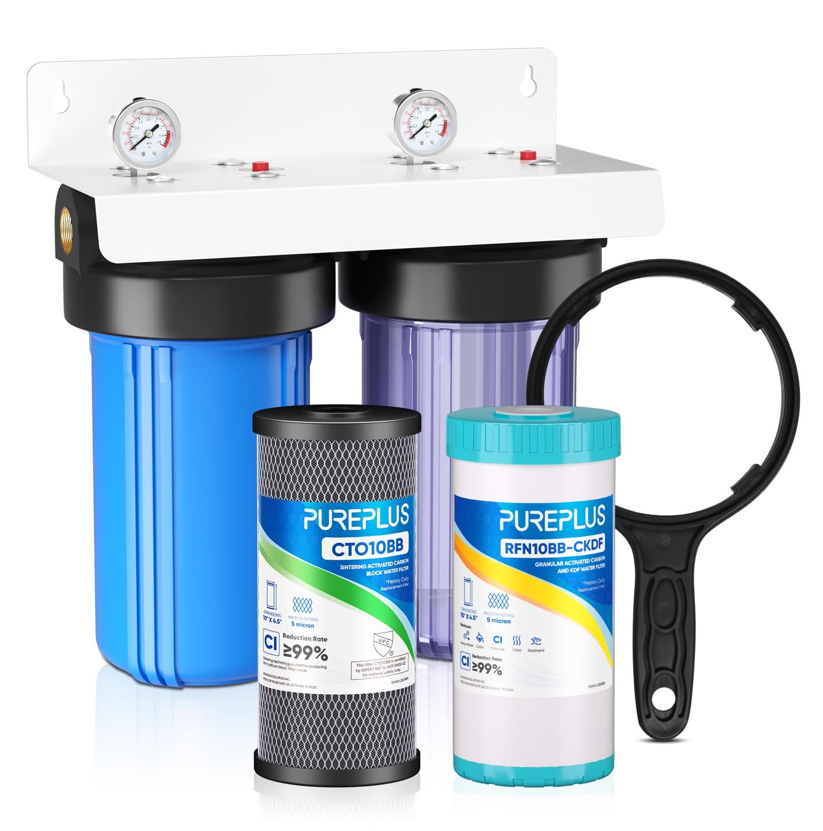 PUREPLUS 2-Stage Whole House Water Filtration System, Reduces Heavy Metals, Chlorine & Odor, 10" x 4.5" Housings, 1" Inlet/Outlet, RFN KDF Carbon & CTO Coconut Shell Filters, Pressure Gauges Included