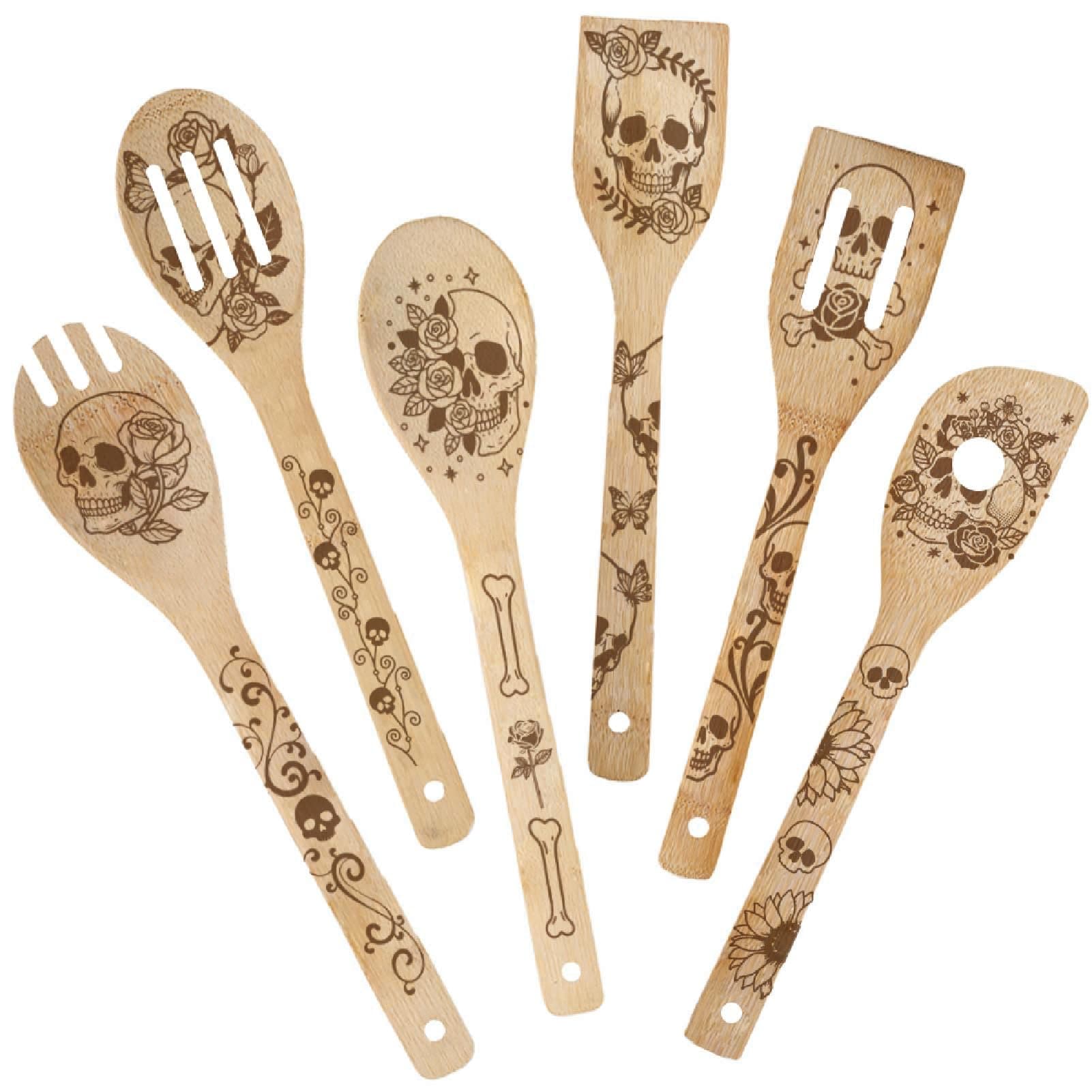PRESSINART 6Pcs 6 Styles Skull Cooking Utensils Bamboo Kitchen Spoons 2.4 x 11.8 Inch Durable Wooden Spoon Set for Men Women Friends Halloween Housewarming Birthday Gift Wedding Apartment Essentials