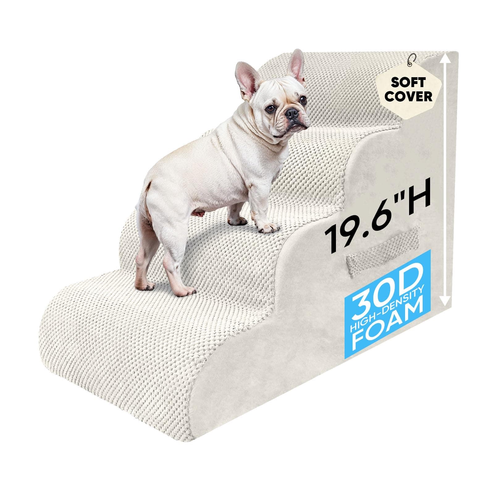 PAWSCART Dog Stairs for Small Pets, 19.6" H with 30D Material Soft Foam, Portable Ramp Non-Slip Surface Non-Slip for Couch and High Bed Climbing, 4-Step Stairs for Cat or Dog, Beige