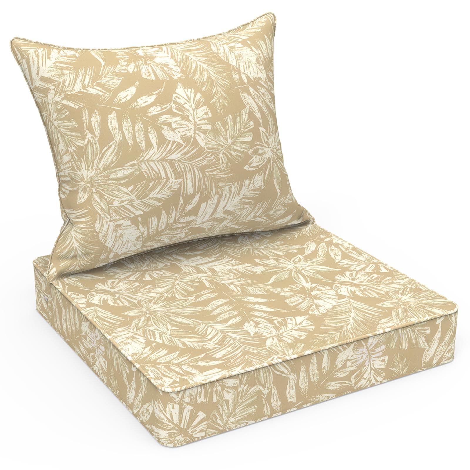 LVTXIII Outdoor Deep Seat Cushion Patio Seat and Back Cushion Set Seasonal Chair Cushion with Removable Cover and Adjustable Buckle for Home and Garden, 24"x24"x4", Tropical Leaf Oat