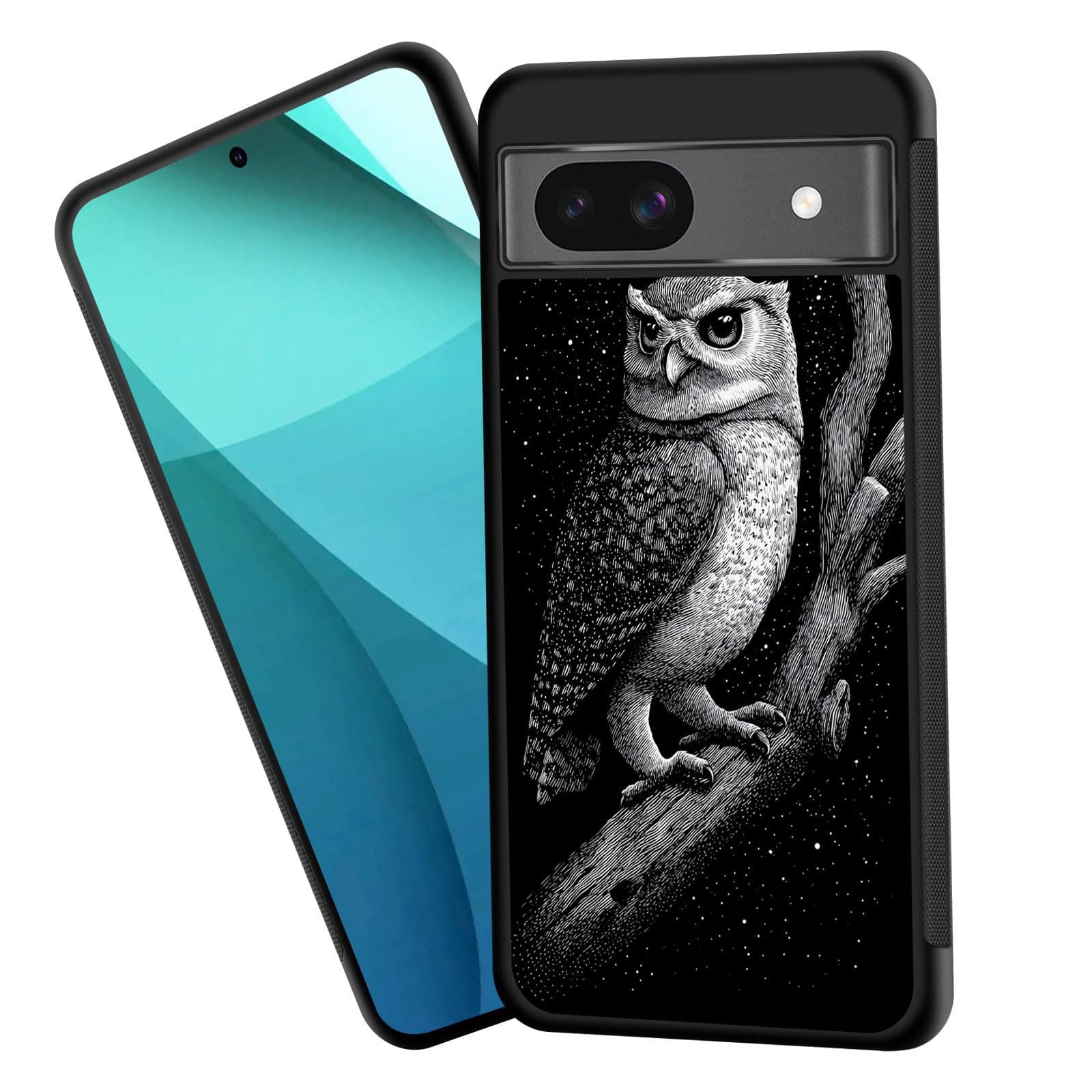 ZQLPLZR for Pixel 8A Case,Tire Anti-Skid Edges Cute Design Shockproof Bumper Full Protection Black Back Cover for Google Pixel 8A,Owl on Branch Starry Night