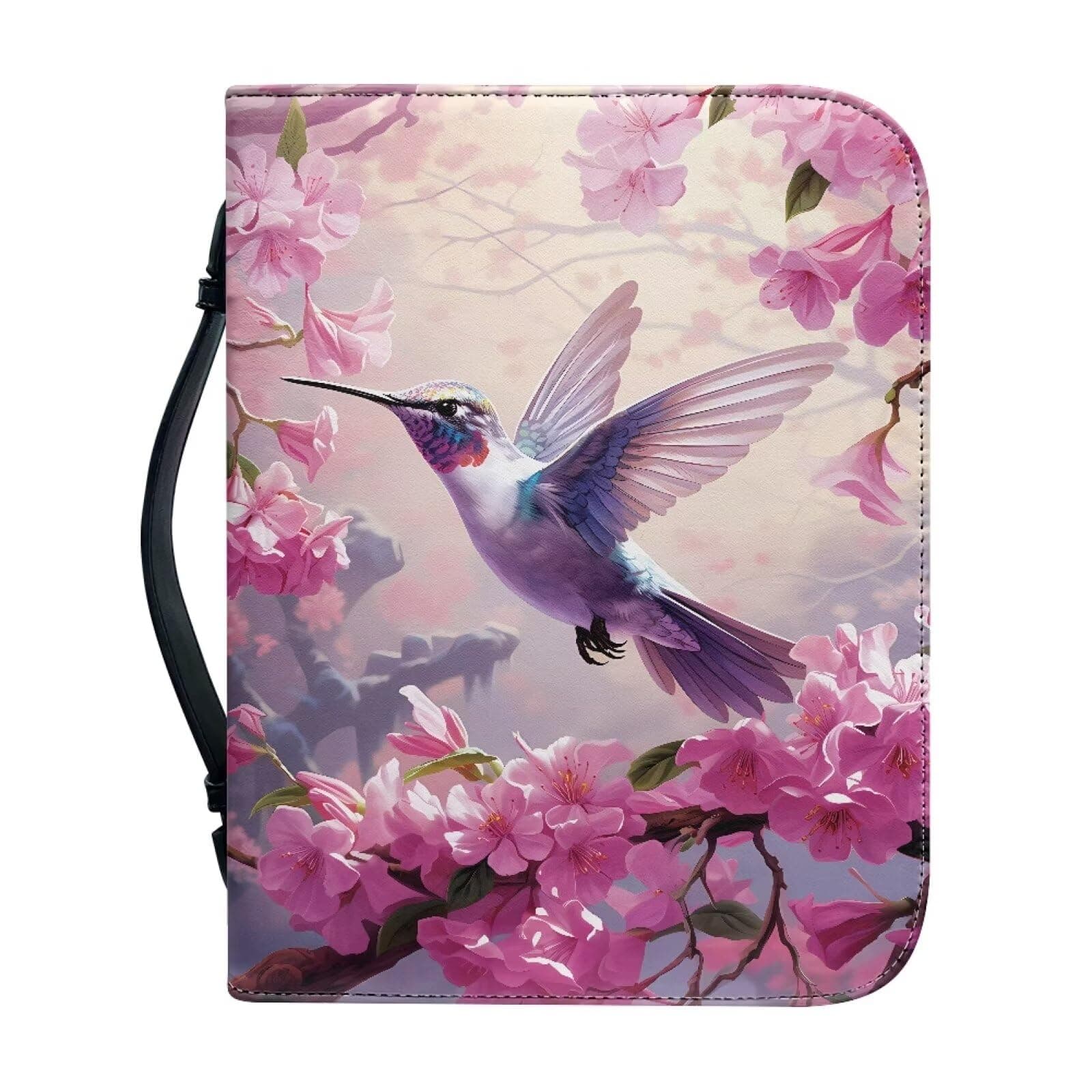 Talayituse Hummingbird Cherry Blossom Print Bible Covers for Women Men PU Leather Bible Case Bible Bag Tote Book Carrying Case Christian Bible Accessories with Handle, M