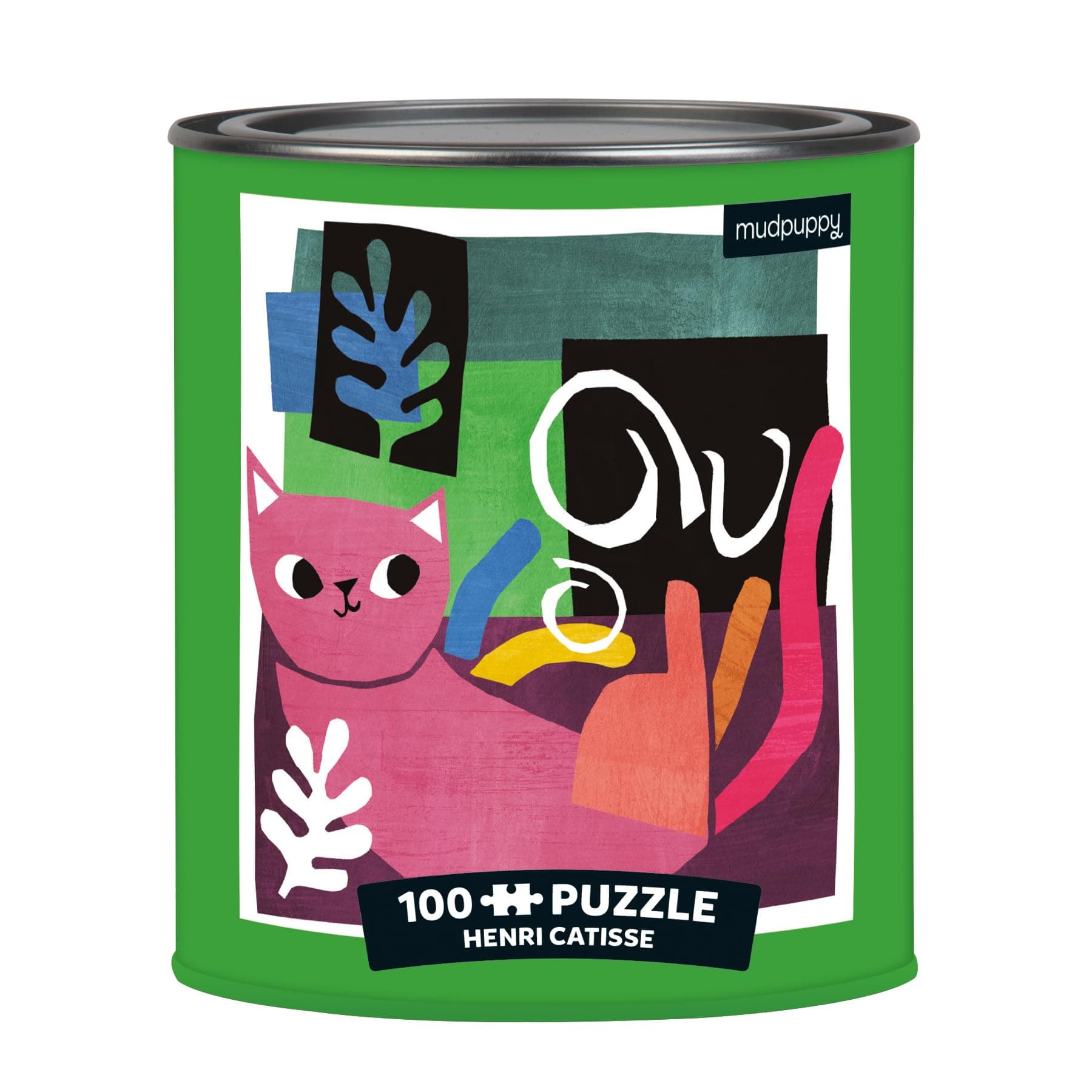 Mudpuppy Henri Catisse Artsy Cat Puzzle Tin, 100 Pieces, 12”x12” – Perfect Family Puzzle for Ages 6+ - Colorful Feline Portraits Inspired by Great Artists – Whimsical Paint Can Package