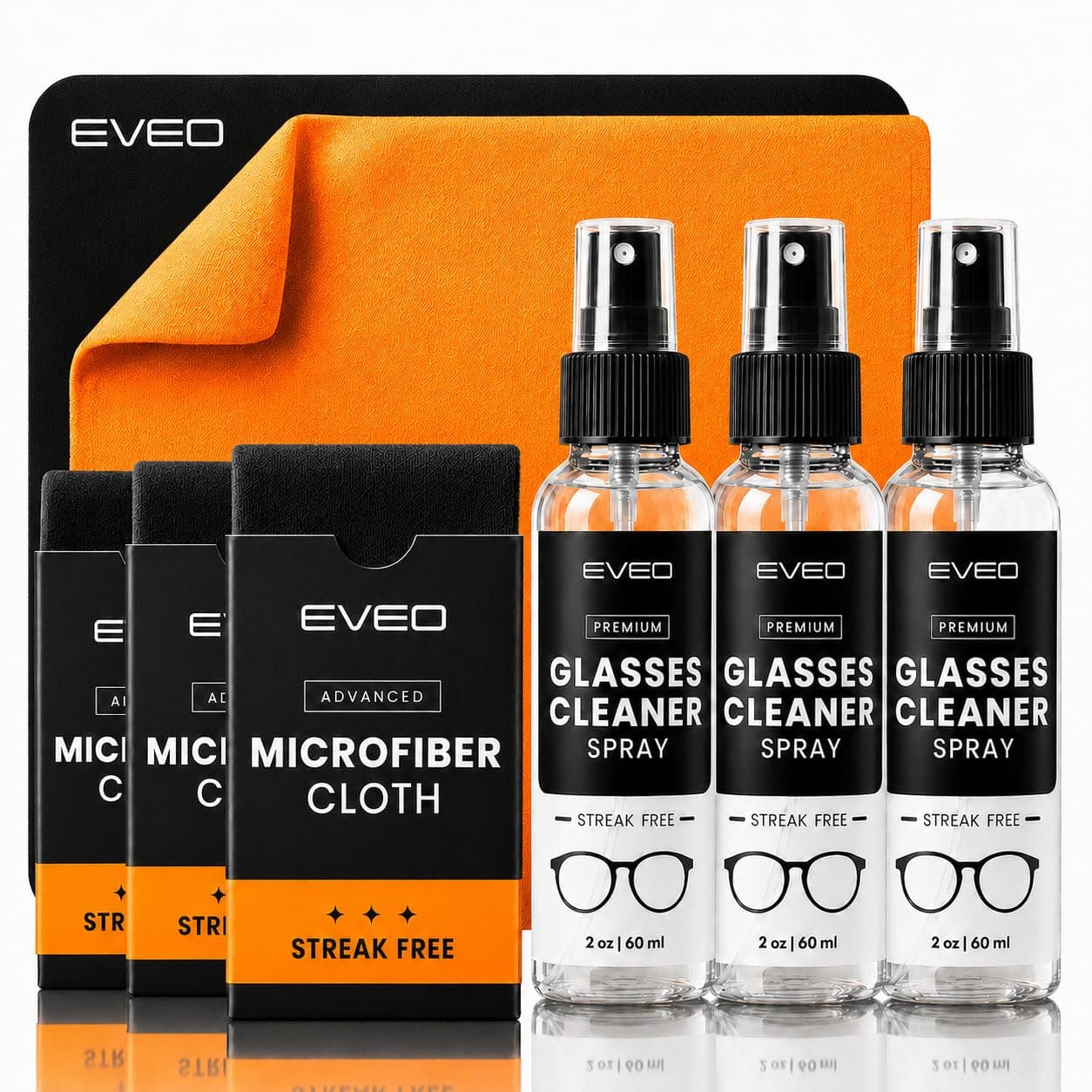 EVEO Glasses Cleaner Spray - (3 Pack) Eyeglass Cleaner (No Streaks)| Eye Glass Cleaners Spray Lens Cleaner Microfiber Cleaning Cloth, Glasses Cleaning Kit Glasses Cleaner Spray & Cloth - 6oz(2ozx3)