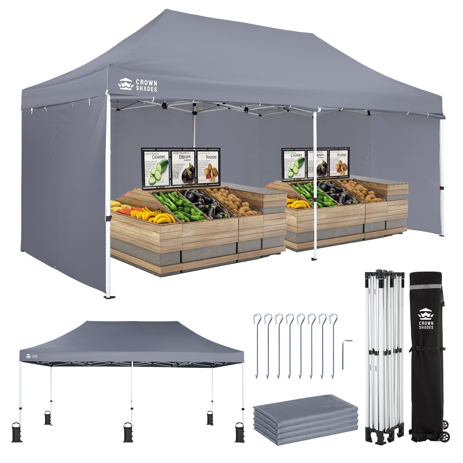 CROWN SHADES 10x20 Commercial Instant Pop Up Canopy with 4 Sidewalls, Gray