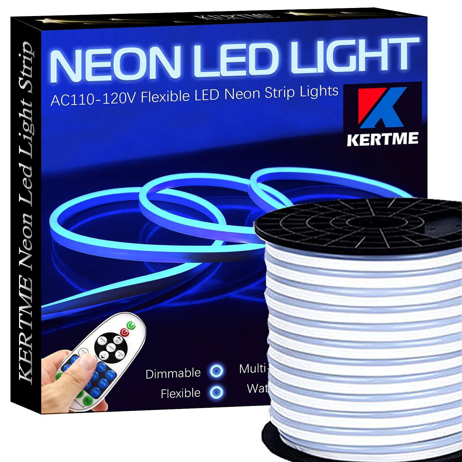 KERTME Neon Led Type AC 110-120V LED NEON Light Strip, Flexible/Waterproof/Dimmable/Multi-Modes LED Rope Light + 23 Keys Remote for Home/Garden/Building Decoration (32.8ft/10m, Blue)