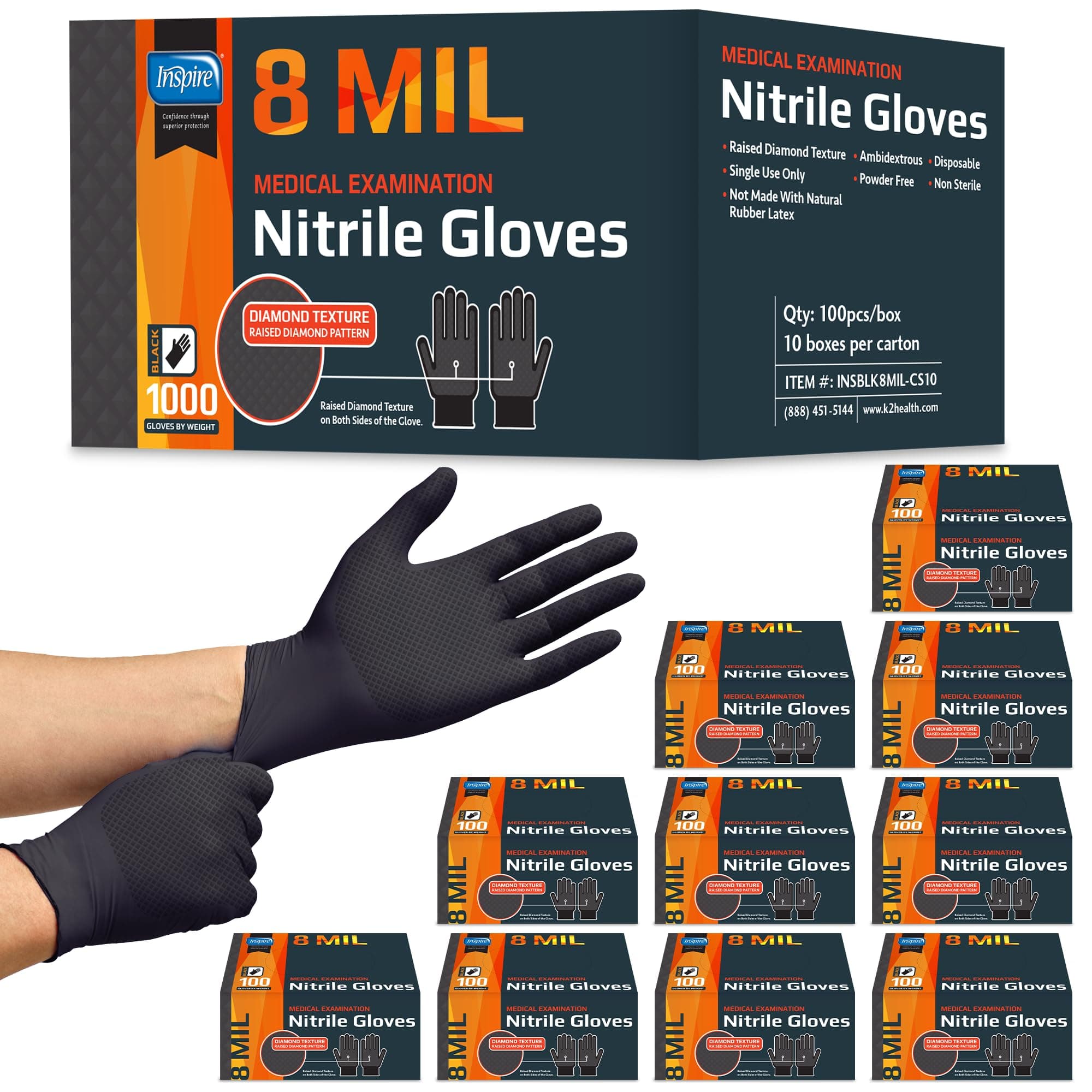 Inspire 8 Mil HEAVY DUTY Stretch Nitrile Black Gloves Disposable Latex Free