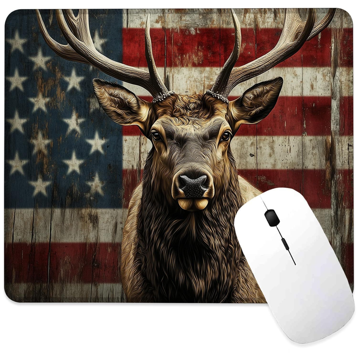 American Flag Elk Mouse Pad Square Mouse Mat Non-Slip Rubber Base Mousepad with Stitched Edge, Portable MousePads for Desk Computers Laptop Office, 9.5x8 Inches