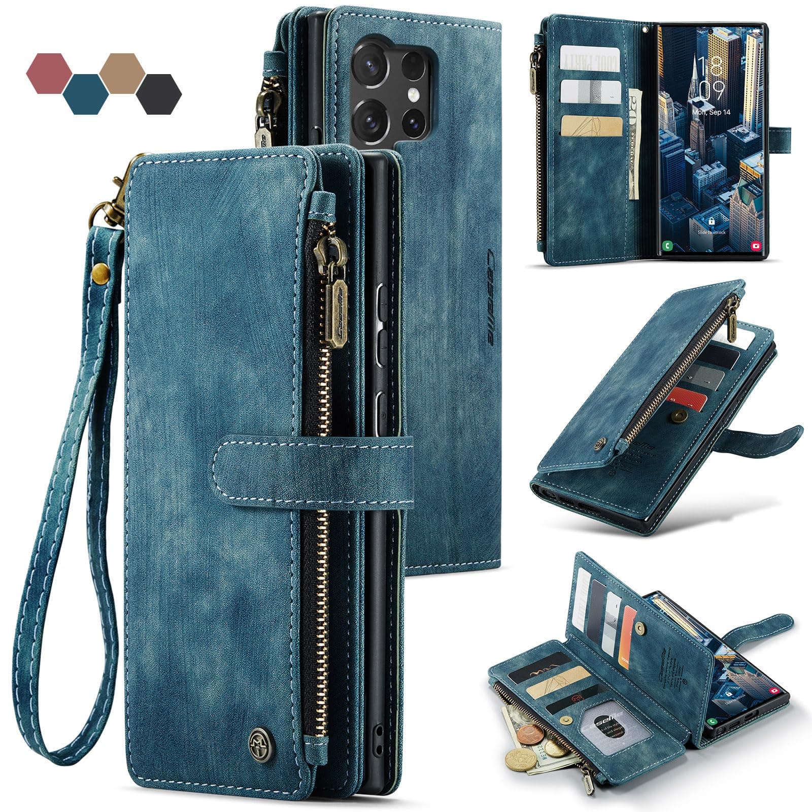 Lxisxcna Wallet Case Compatibility with Samsung Galaxy S25 Ultra with Card Holder Kickstand Magnetic Zipper Pocket Lanyard Strap Wristlet,Leather Flip Case Wallet for Galaxy S25 Ultra 6.9 Inch (Blue)