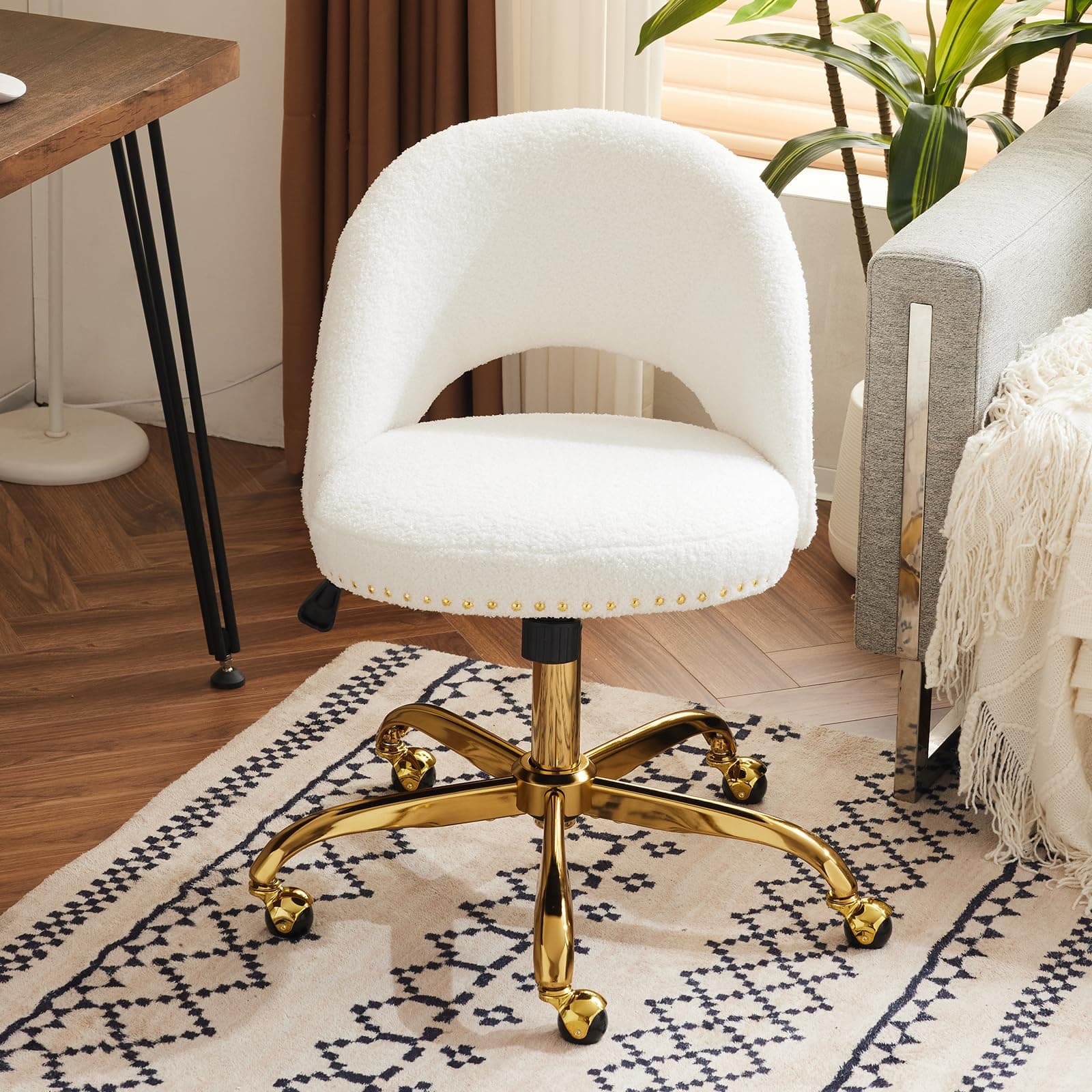 VINGLI Modern Teddy Fluffy Small Office Chair,Cute Desk Chair with Wheels,Gold Base/Studs, Comfy Armless Swivel Vanity Task Chair for Women/Girl/Kids, Nail Tech Chair for Bedroom,Small Space,White