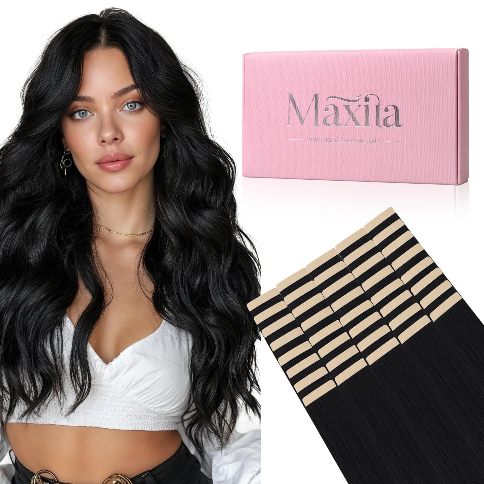 MAXITA Tape in Hair Extensions Jet Black 100% Remy Human Hair 14 Inch 40pcs 100g/pack Straight Seamless Real Hair Extensions Tape in Skin Weft Hair Extensions for Women