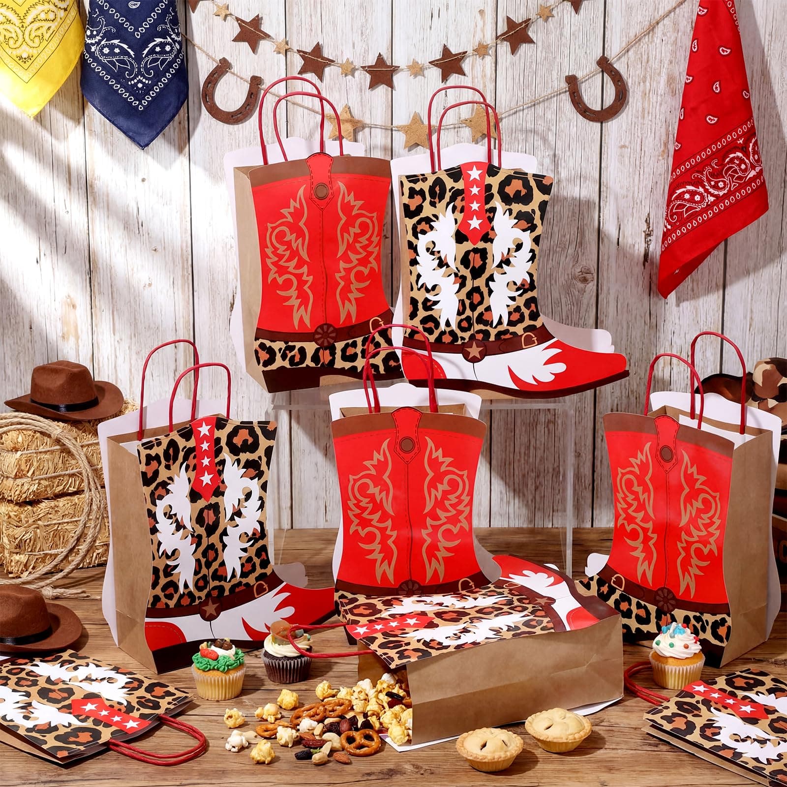 Mooliwe 16 Pcs Cowboy Cowgirl Boots Paper Bags, Red Brown, Leopard Print