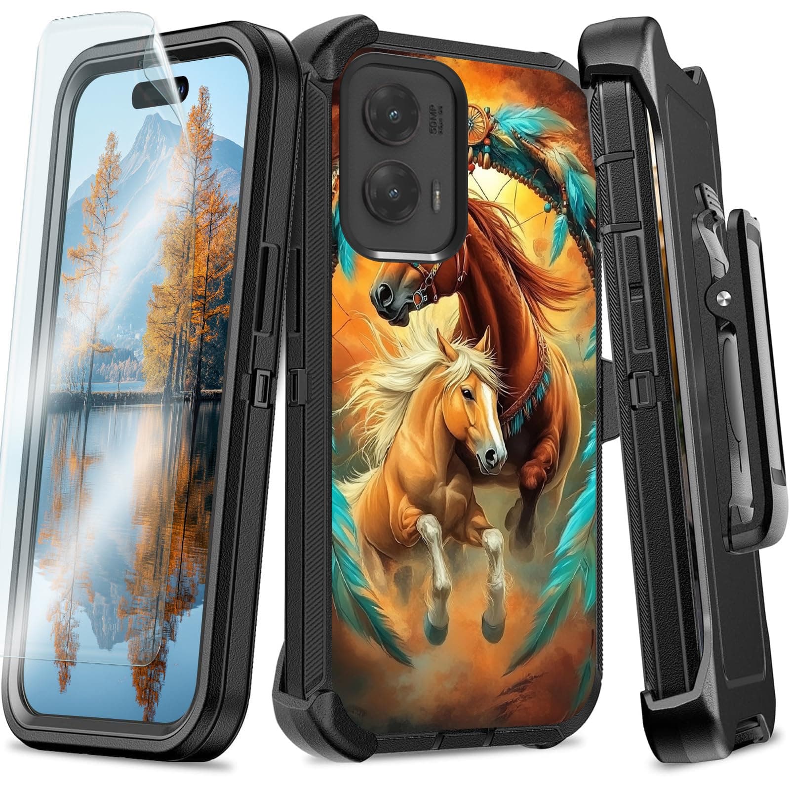 Case for Motorola Moto G Power 5G 2024 with Belt Clip Holster, Kickstand & Screen Protector, Double Layer Rugged Durable Drop-Resistant Heavy Duty Protection Case for G 5G 2024, Dream Chasing Horse