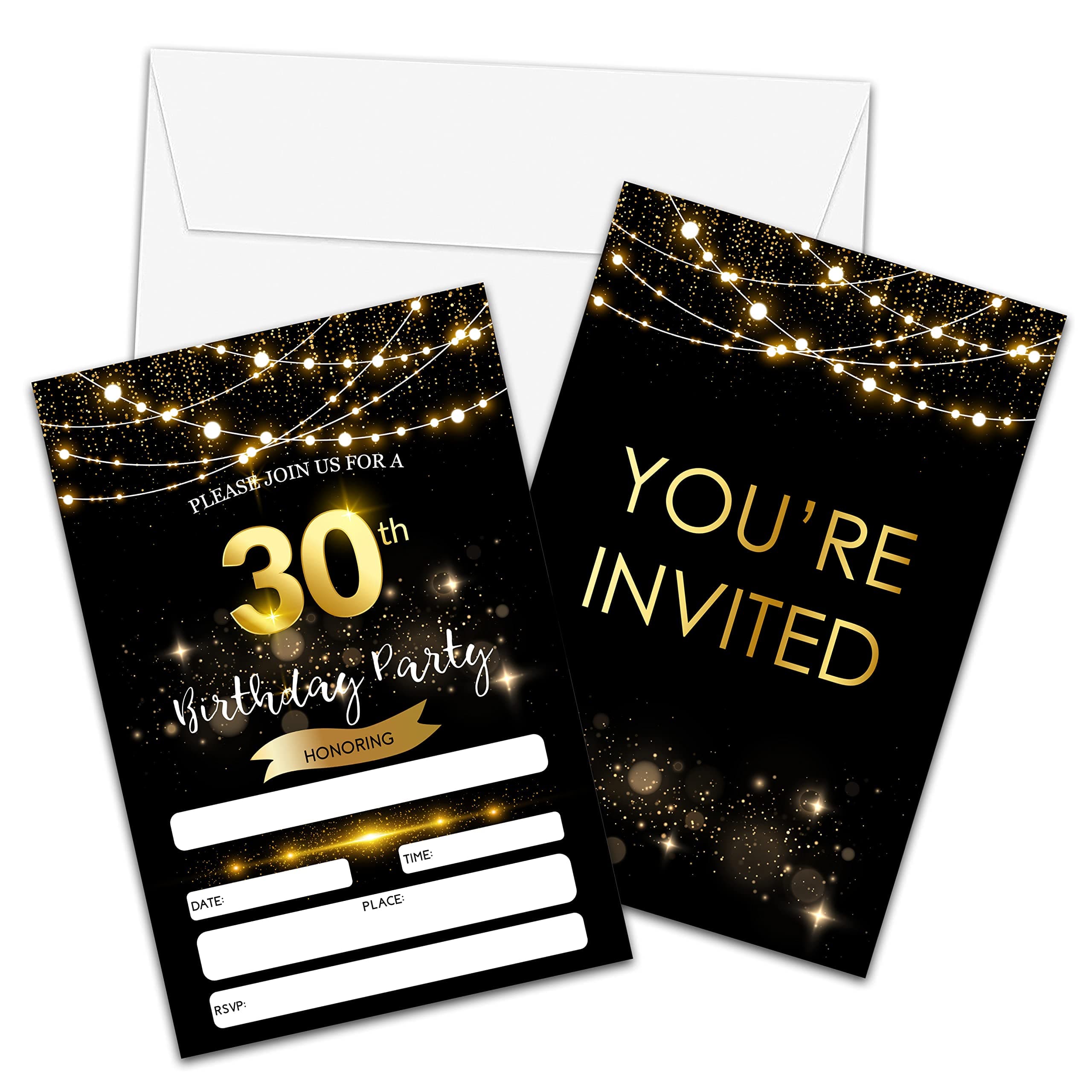 30th Birthday Invitations with Envelopes - Black Gold Glitter Fill-in Invites Cards - Surprise Birthday Party Invitation Card for Him/Her - Adults Birthday Party Favors Supplies Decorations (20 Pack)