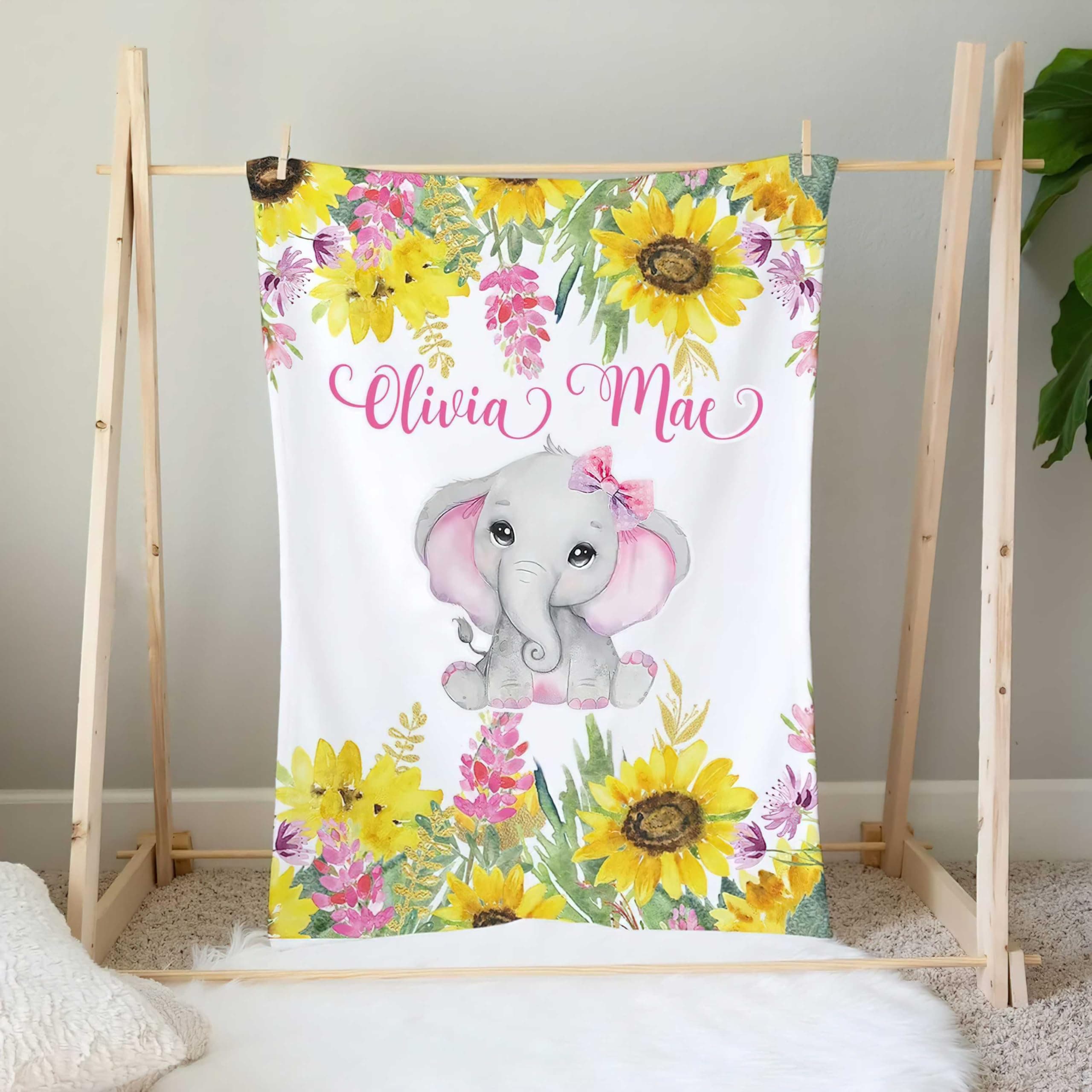 AMDTEAMADI Personalized Baby Blankets, Sunflower Blanket, Custom Baby Name Blanket, Floral Elephant Blankets, Gift for Newborn Baby Girls