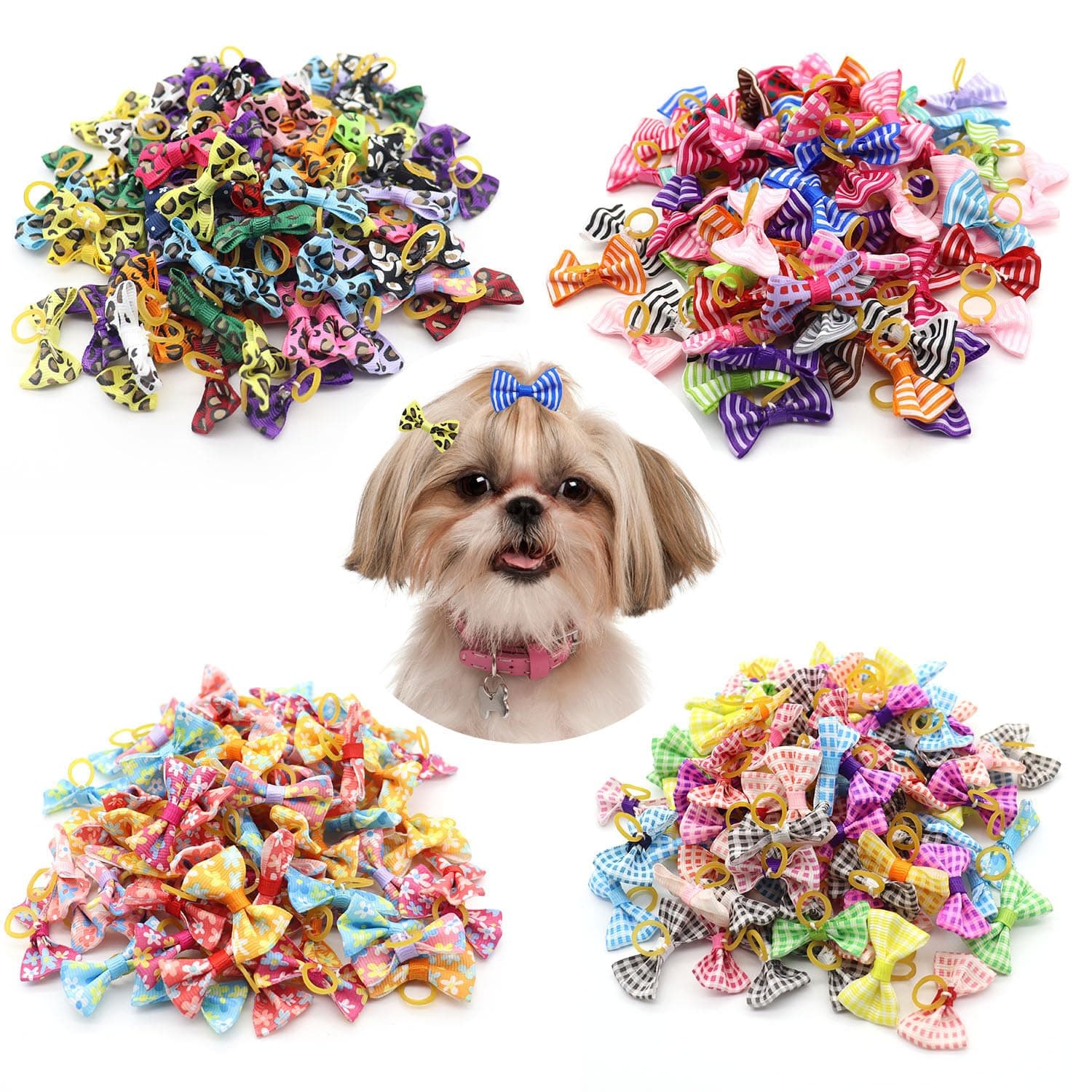 50pcs Dog Hair Bows with Rubber Bands Butterfly Dog Knotted Bows Leopard Stripe Hair Bows Elastic Hair Ties Bands Pets Dogs Cats Grooming Accessories (D)