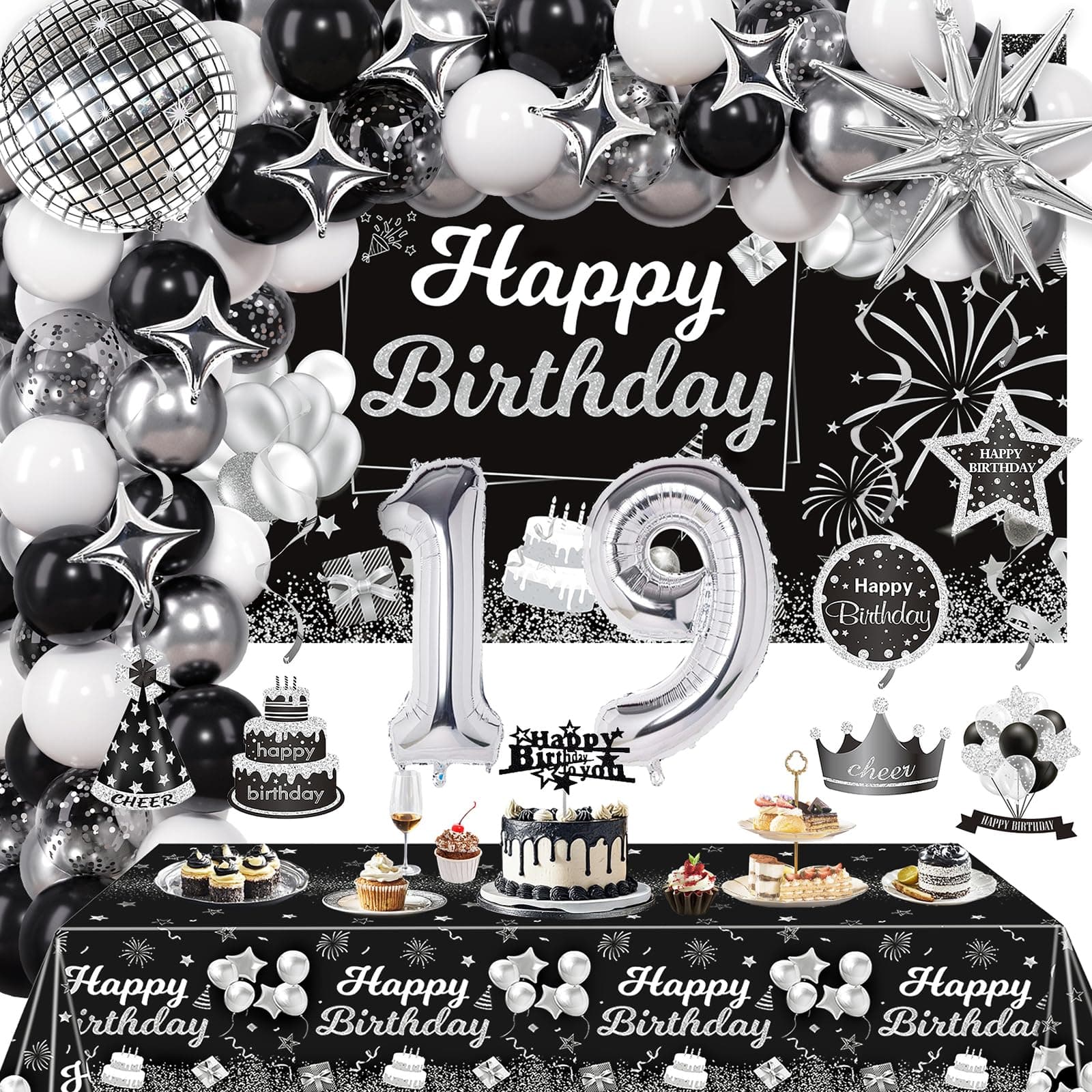 Miidenks 19th Birthday Decorations Set for Boy Girl Man Women,Black Silver Happy 19 Birthday Party Supplies with Birthday Backdrop Banner Birthday Tablecloth 19 Number Balloons for Her Him