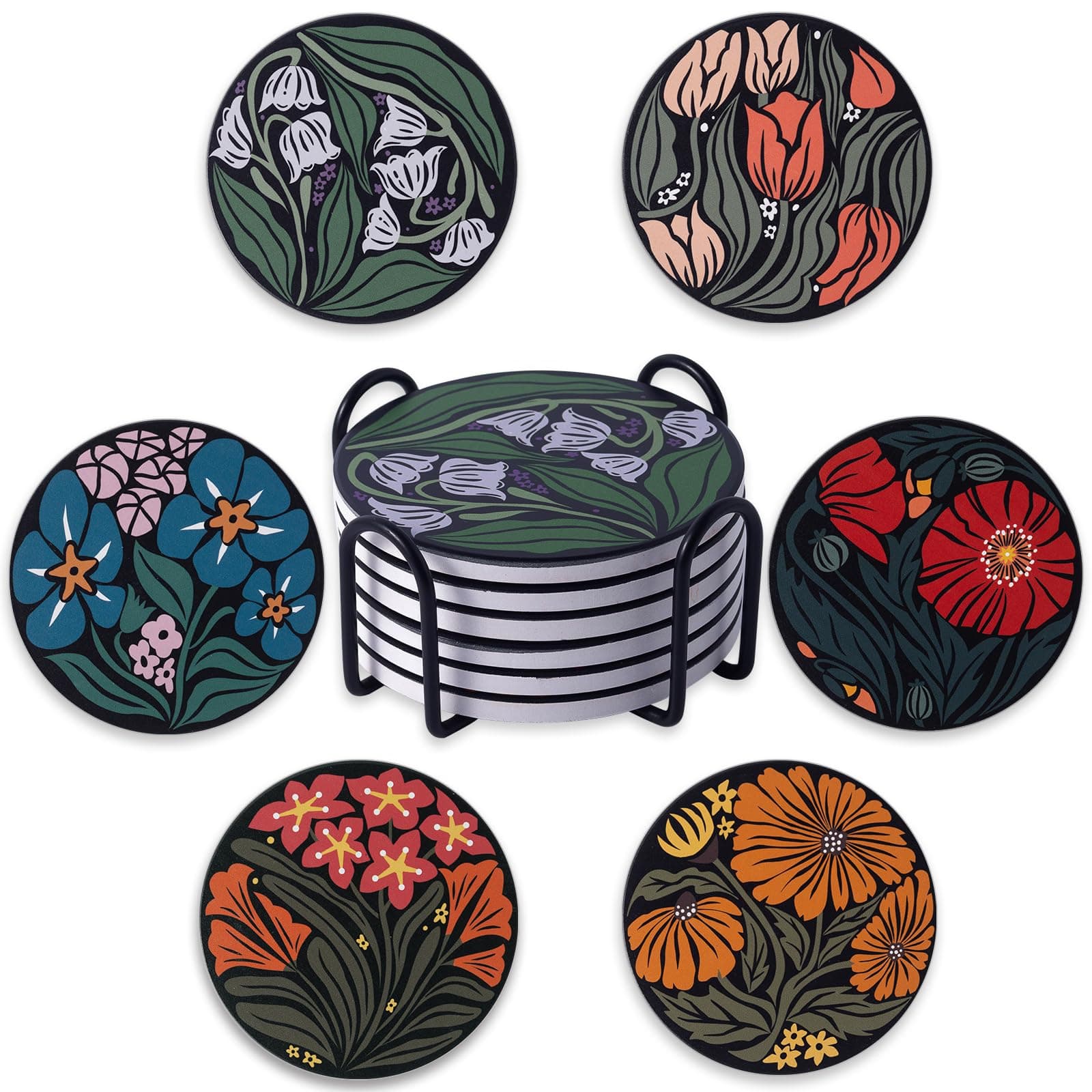 STARUBY Ceramic Coasters Absorbent Non Slip 6pcs 4 Inch Artistic Flower