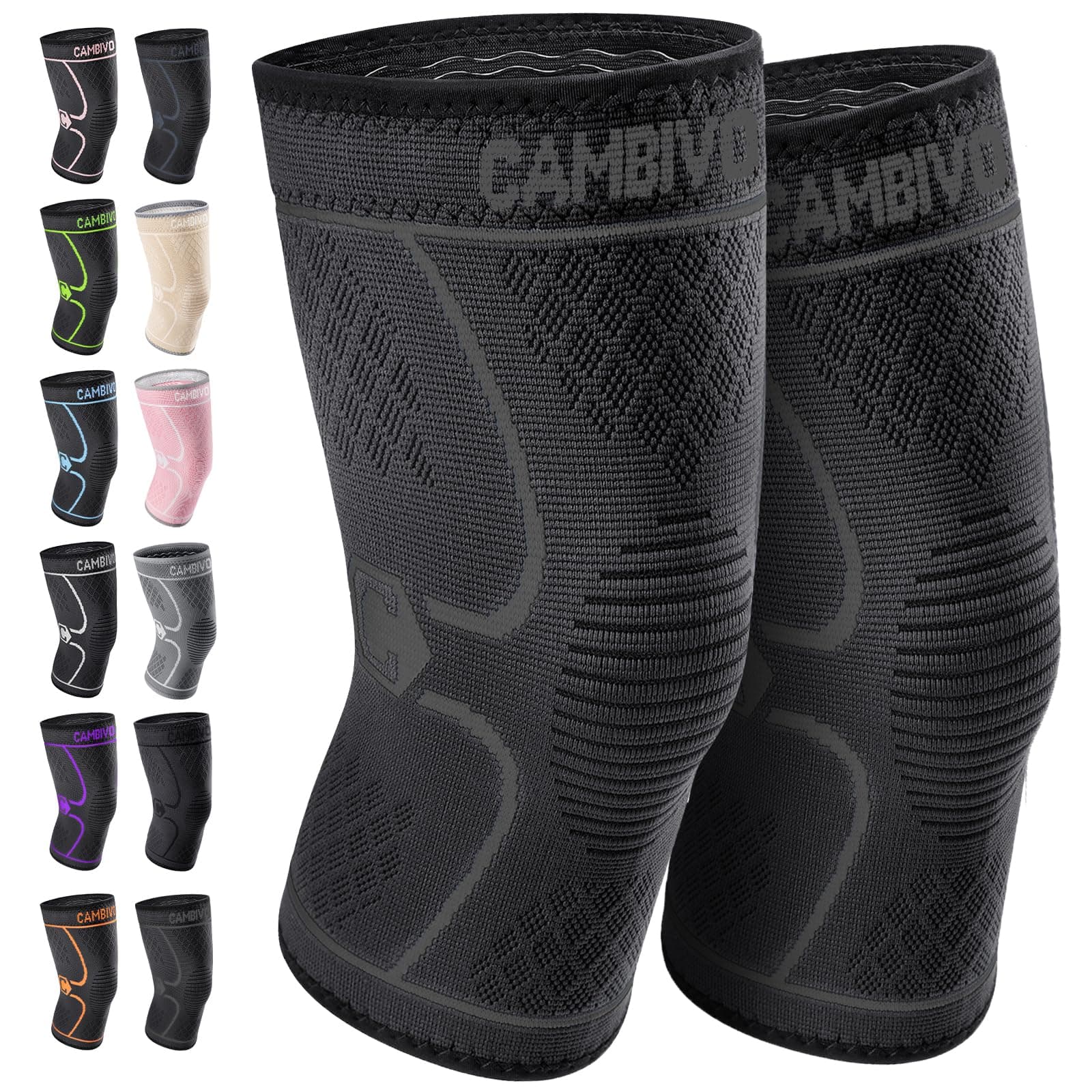 CAMBIVO 2 Pack Knee Brace, Knee Compression Sleeve Anti-Slip