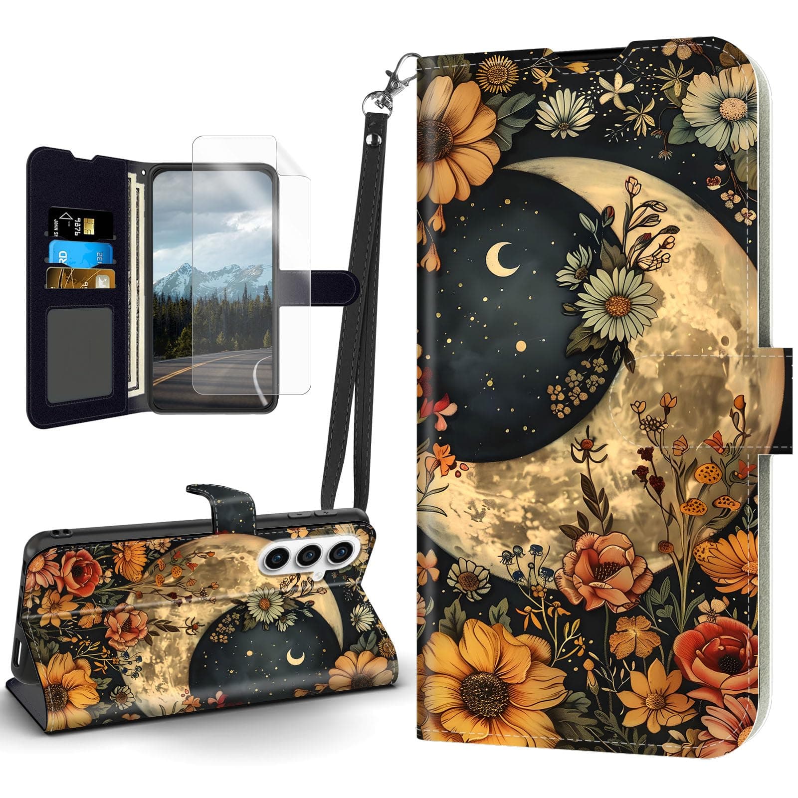 Tudguiloae for Samsung Galaxy S25 Case, Flip PU Leather Magnetic Clasp Cell Phone Wallet for Galaxy S25 5G, Kickstand Shockproof Cover Wristlet Card Holder Slot Soft Film, Floral Moon