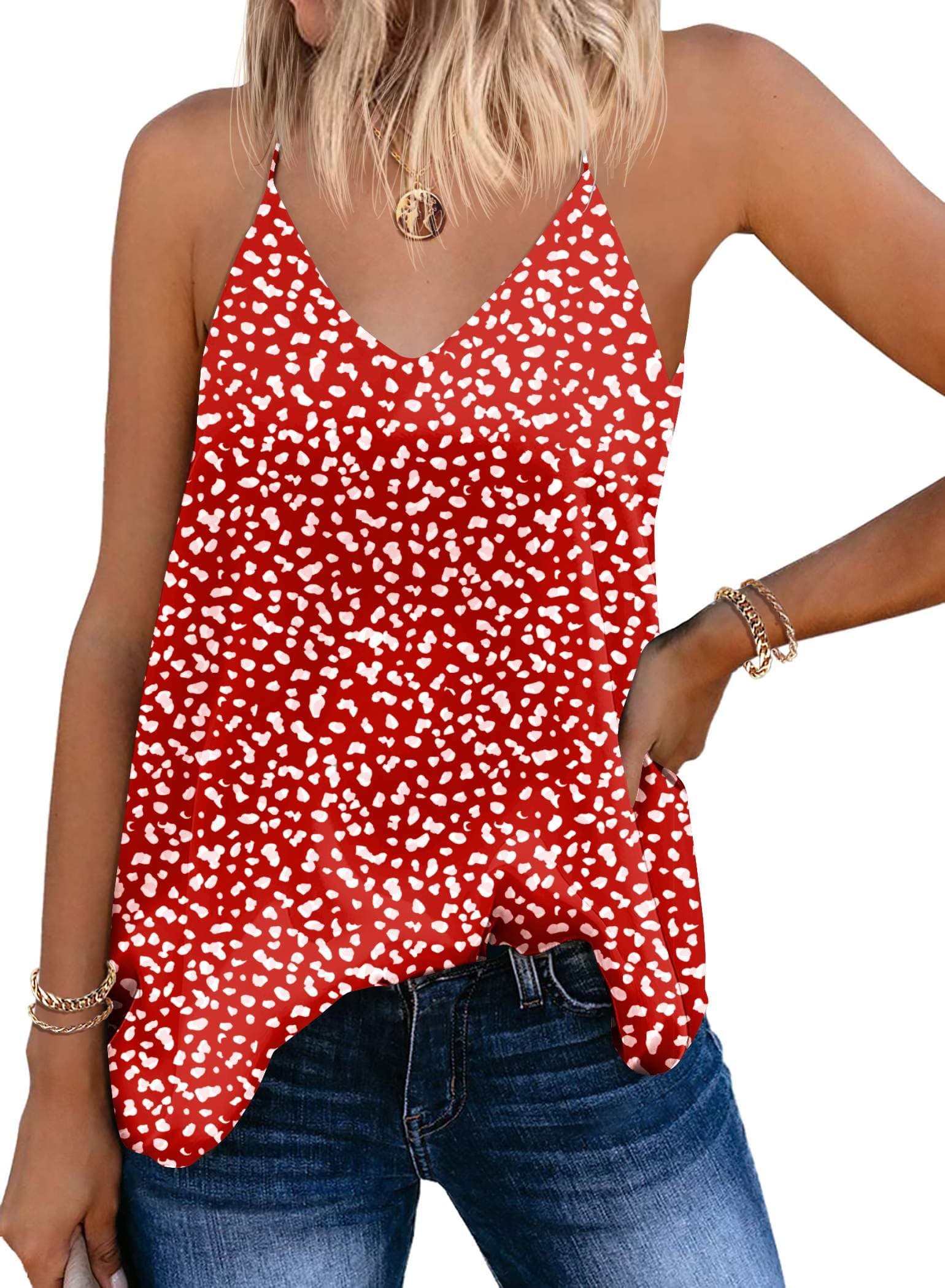 SUNAELIA Chiffon Cami V Neck Tank Tops for Women Loose Fit Flowy Spaghetti Strap Camisole Summer Casual Sleeveless Shirts, Jh590 Red Polka Dot, L
