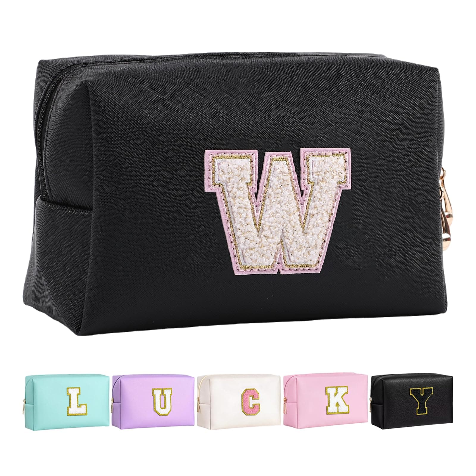 Letoileite Travel Toiletry Bag for Women,Personalized Chenille Letter Patch Waterproof Zipper Cosmetic Bag,Makeup Travel Organizer Bags Carry on Travel Accessories, Black-pink, W