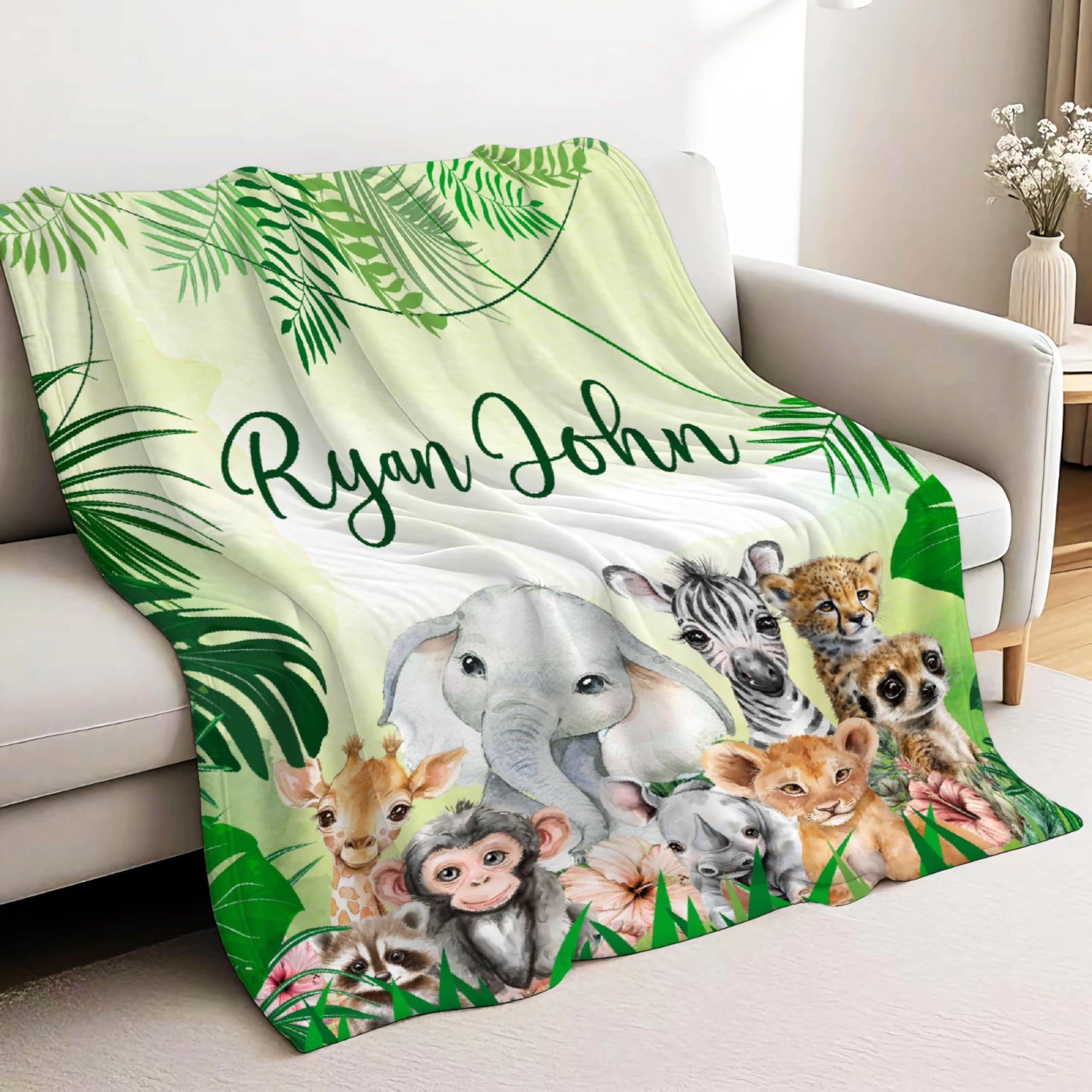 Custom Woodland Animal Baby Blanket for Girls Boys, Floral Elephant Safari Personalized Baby Blankets with Name, Bear Fox Raccoon Deer Toddler Throw Newborn Gifts Flannel Fleece Infant Hunting Bedding